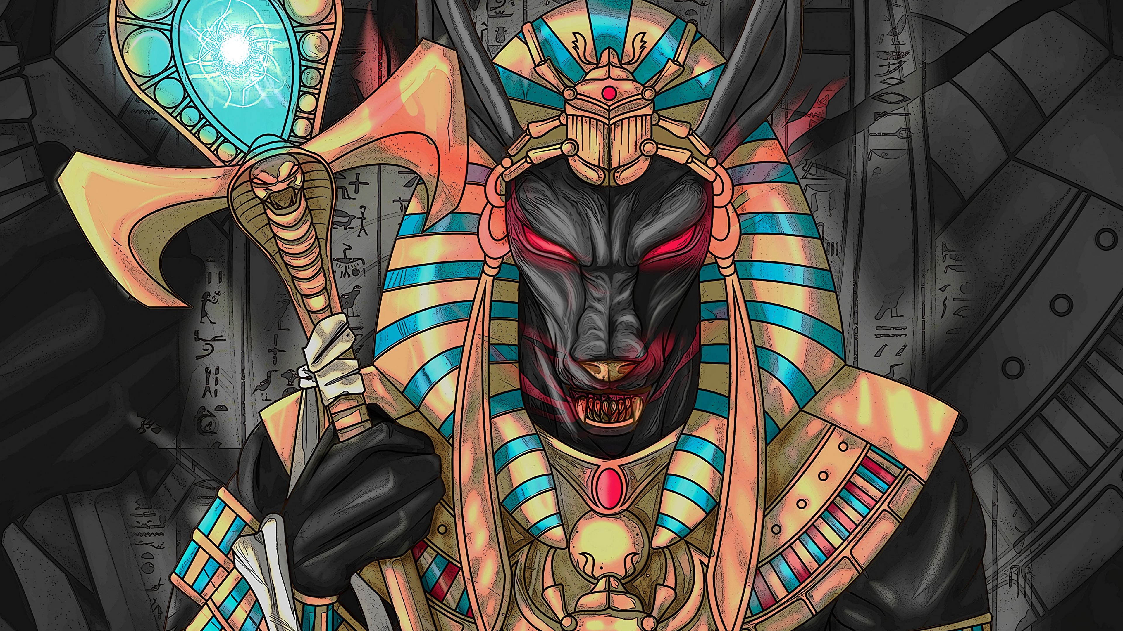 Download wallpaper 3840x2160 wolf, pharaoh, art, ancient egypt 4k uhd 16:9 HD background