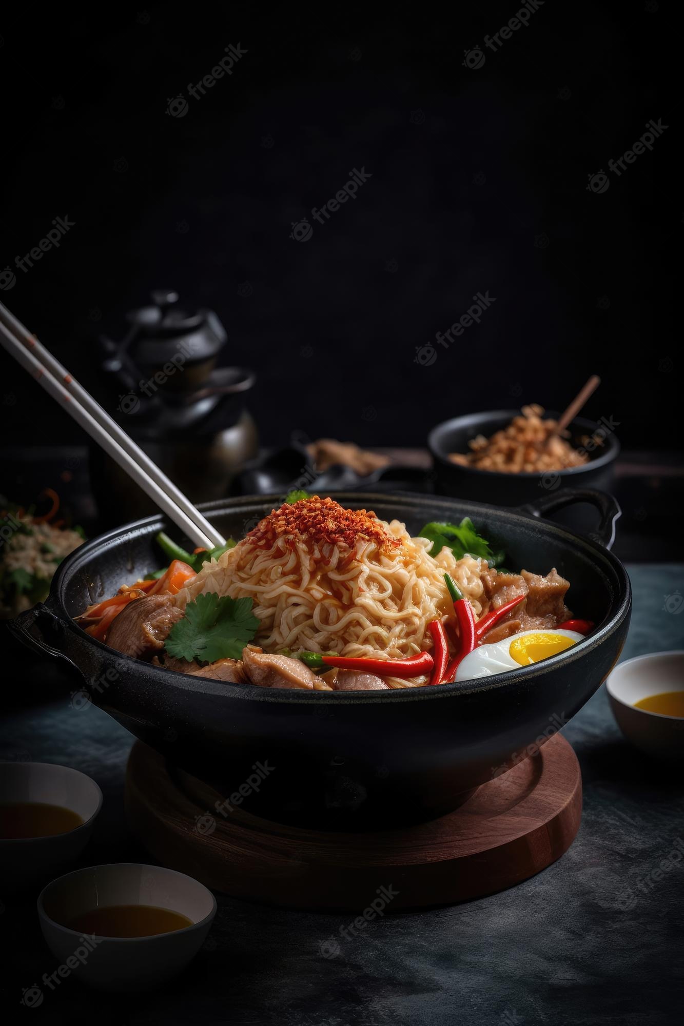 Spicy ramen with chopsticks and a bowl