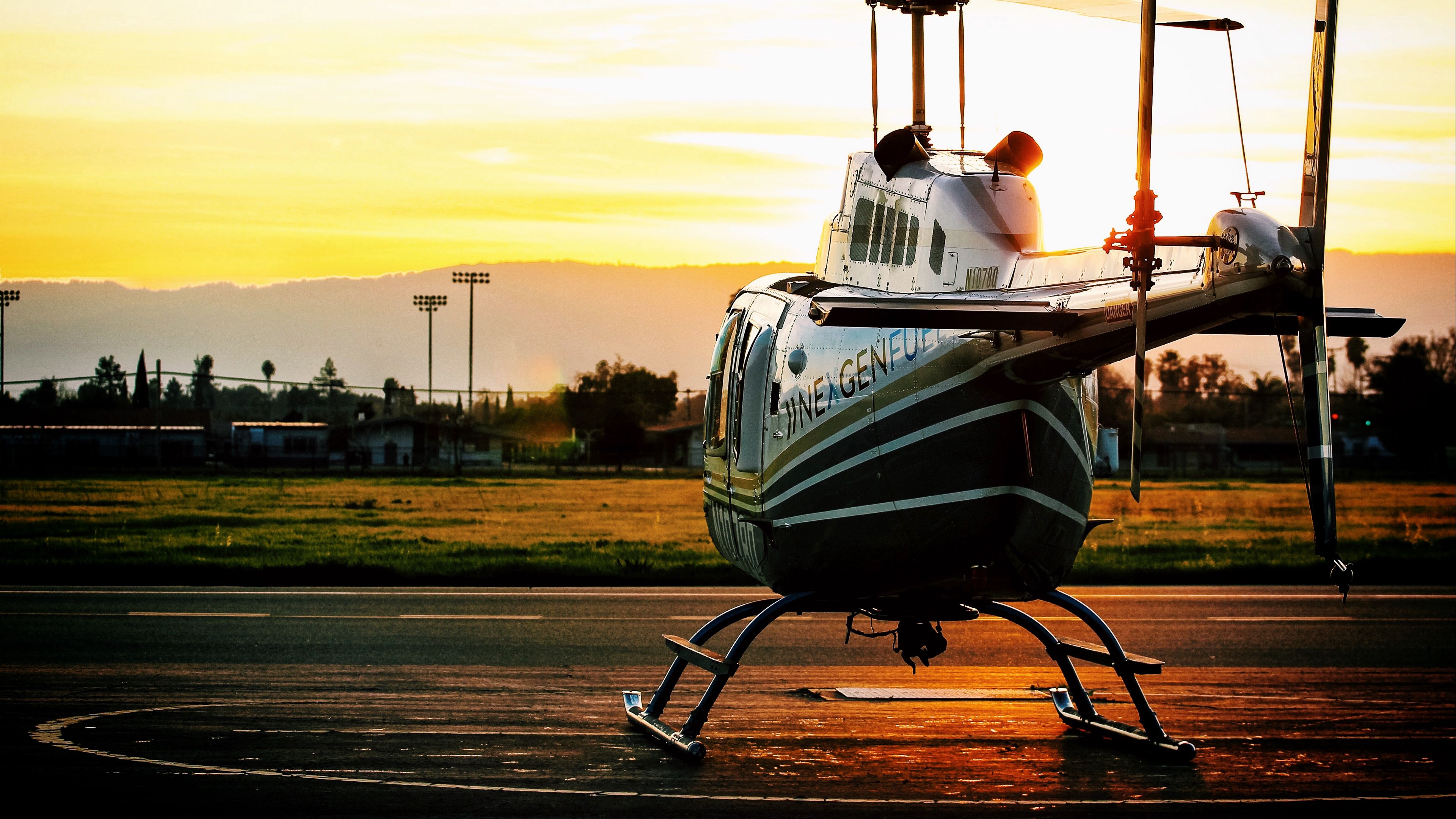 helicopter, sunset, airfield, 4k free