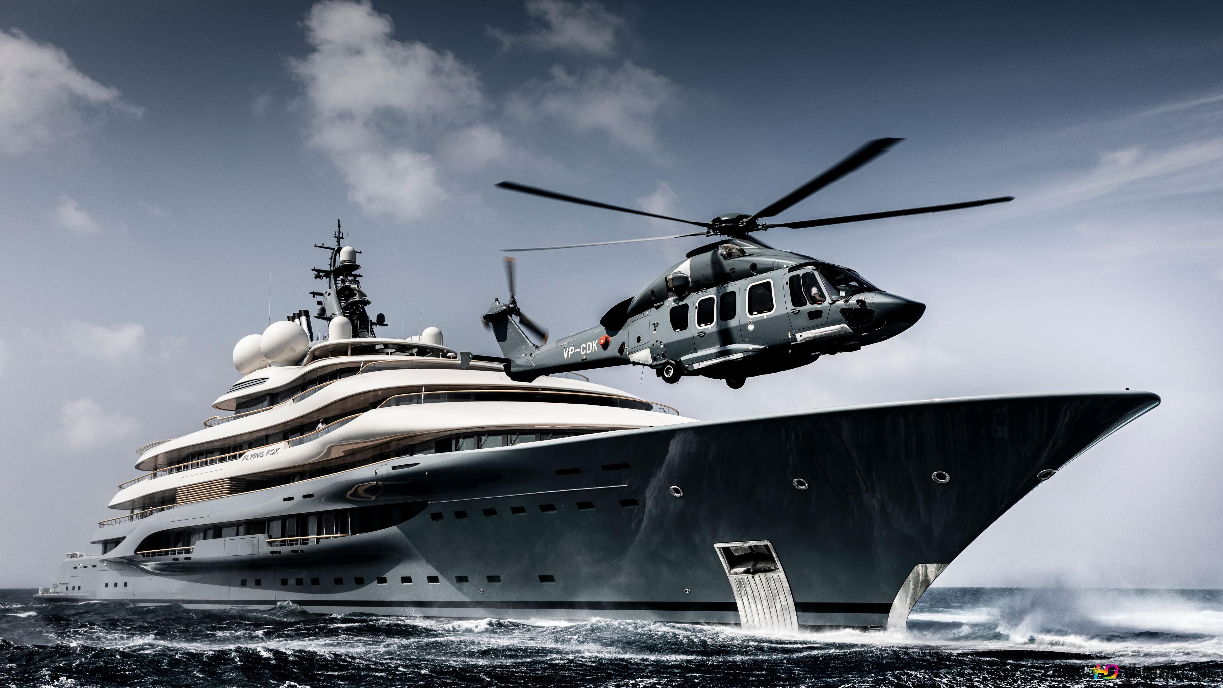 Gray superlux yacht and helicopter 4K