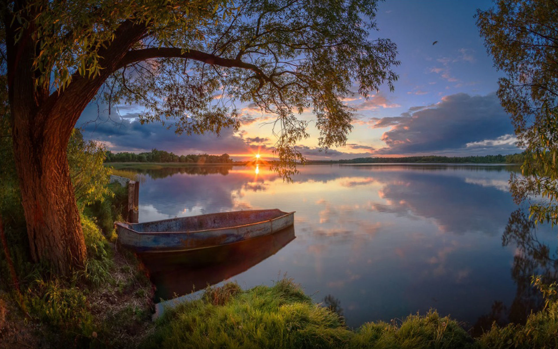 Summer Lake Willow Boat Sunset