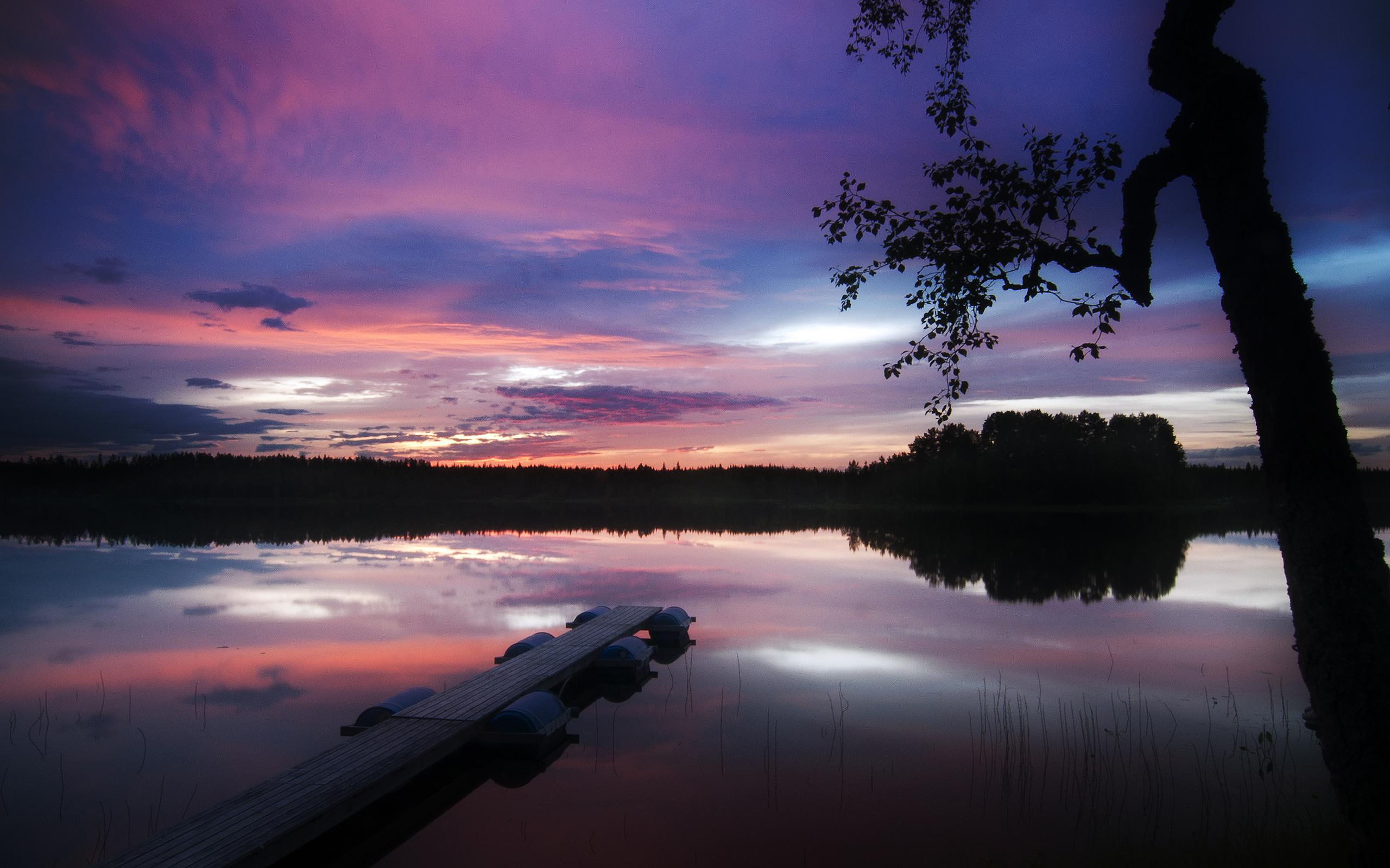 summer, 2K, nature, pier, sunset, finnish, 3D and abstract, trees, clouds, lake HD Wallpaper