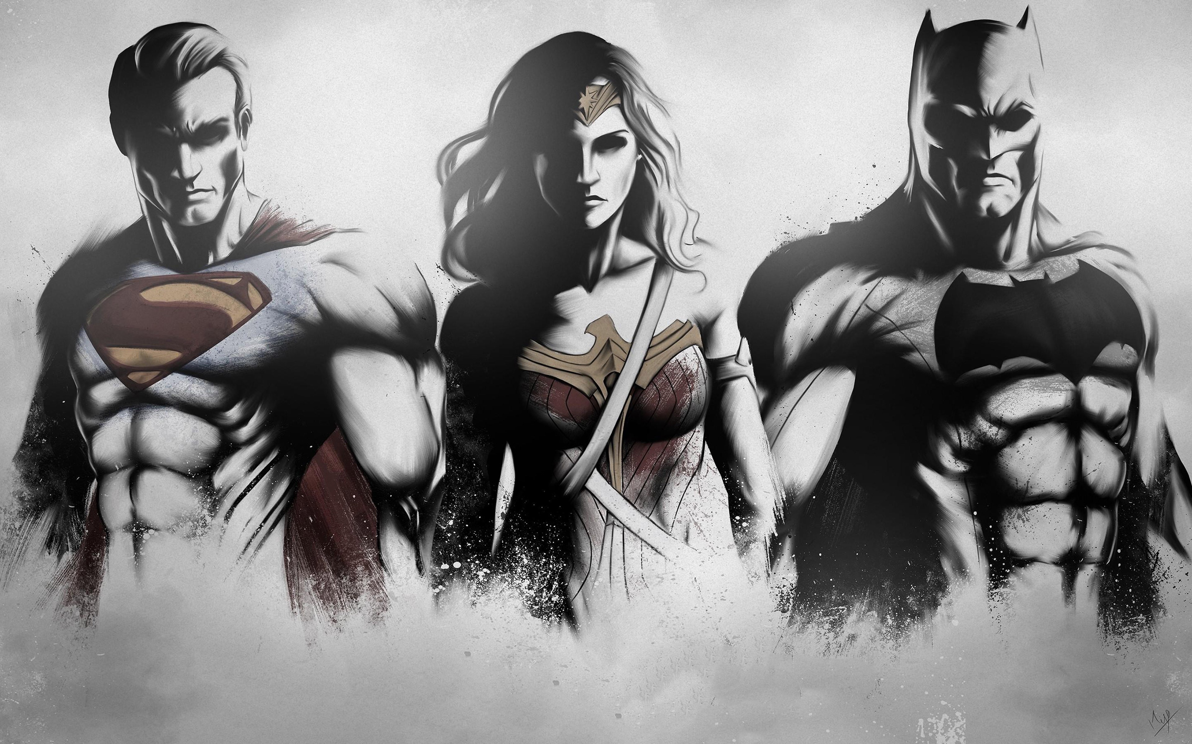 superman, wonder woman, batman, sketch