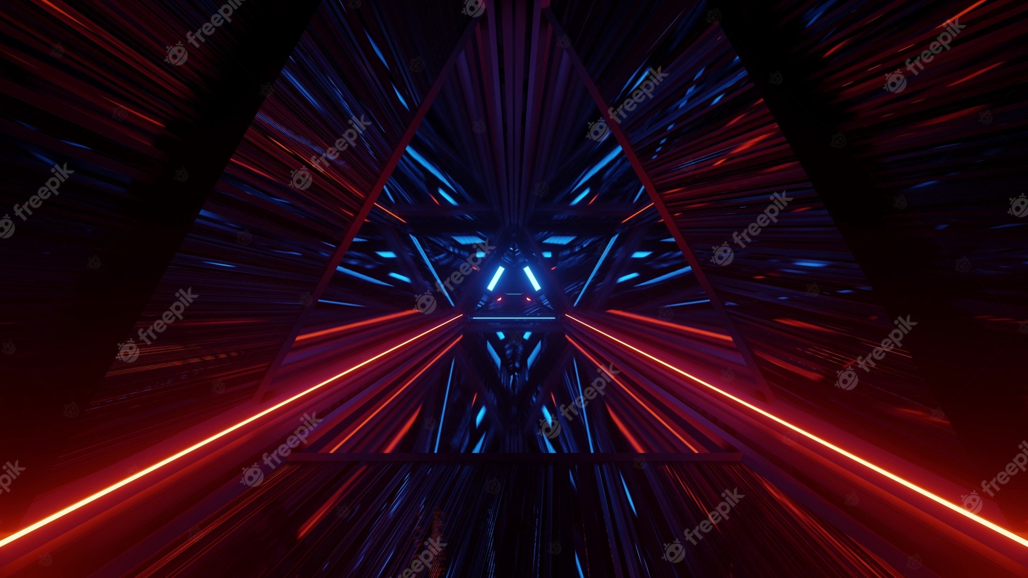 Premium Photod illustration of abstract background with endless triangle shaped corridor with red and blue neon lights in 4k uhd