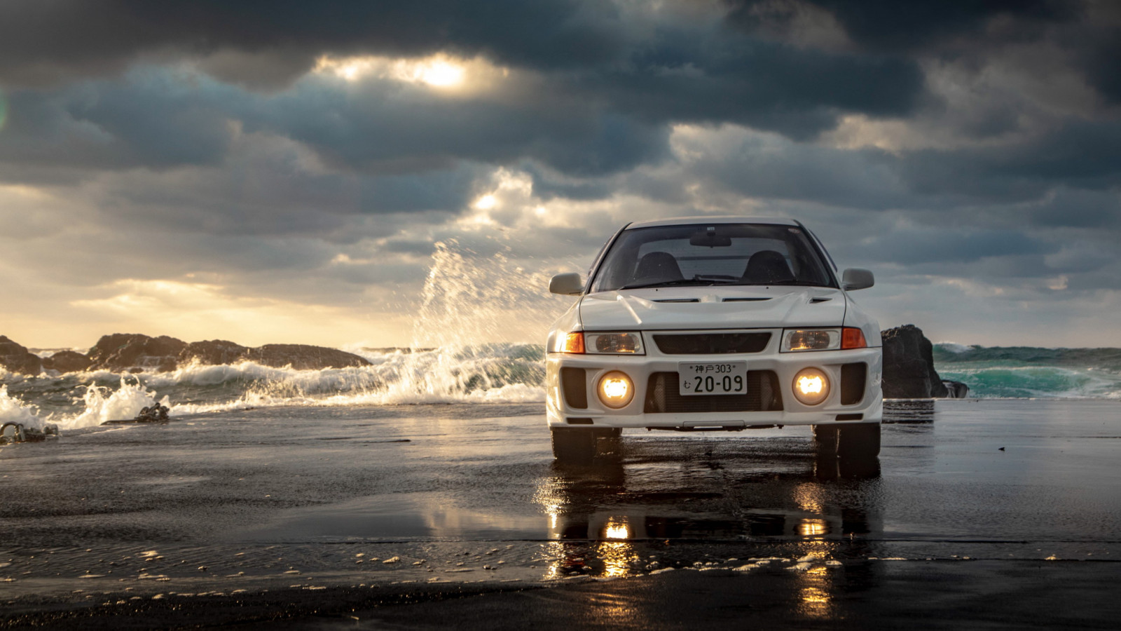 beach, waves, Mitsubishi Lancer Evo V