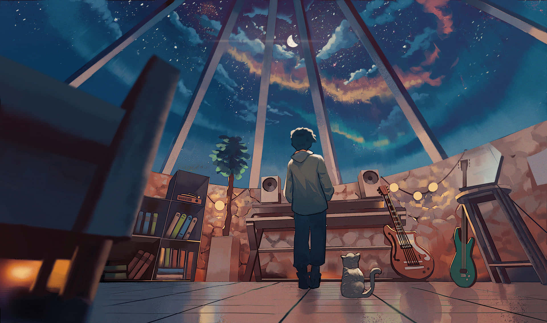 Download Lo Fi Anime Chill Man And Cat In Music Room Wallpaper