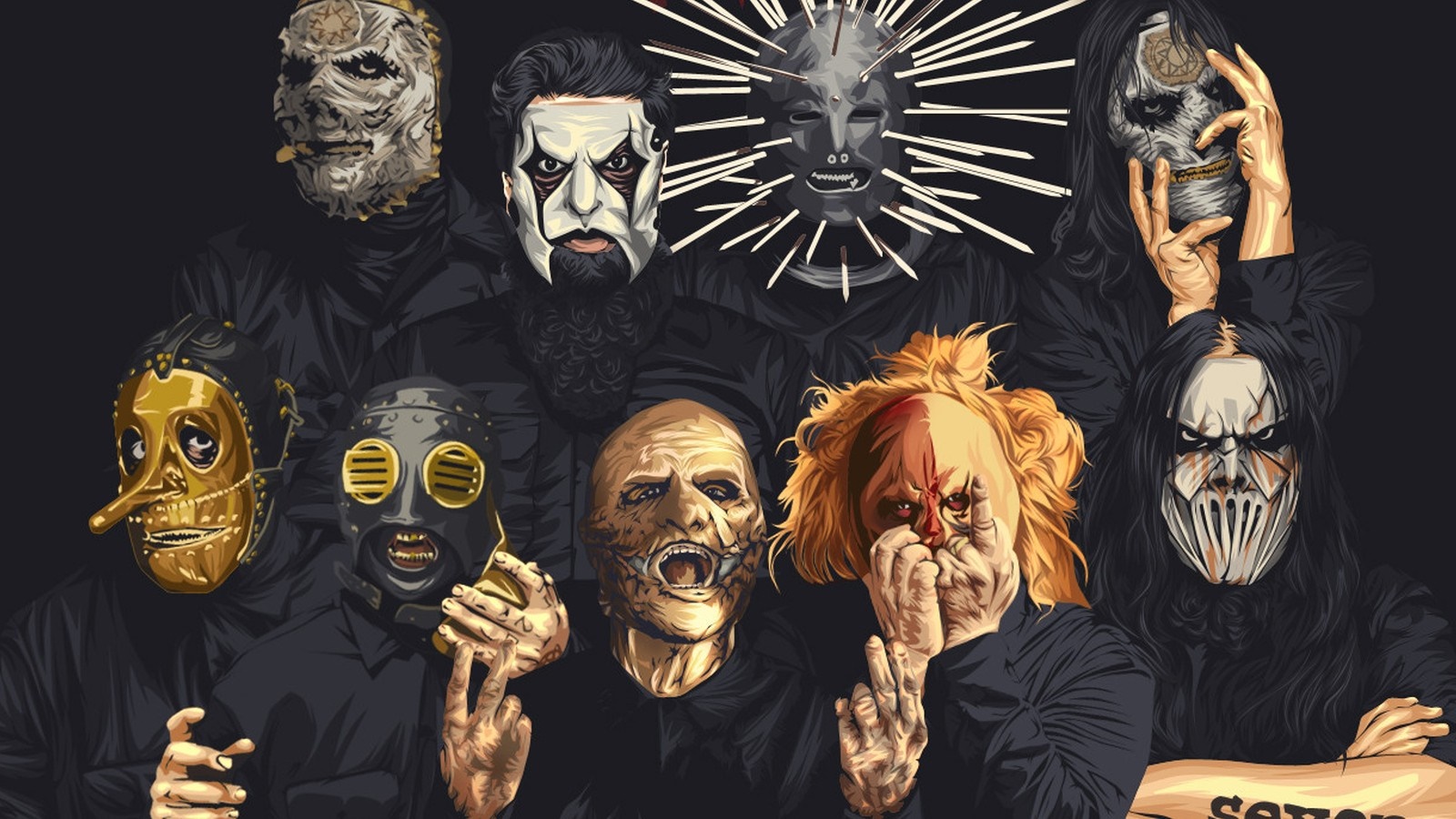 illustration, fan art, metal band, comics, mythology, Slipknot, clothing, Nu Metal, costume, screenshot Gallery HD Wallpaper
