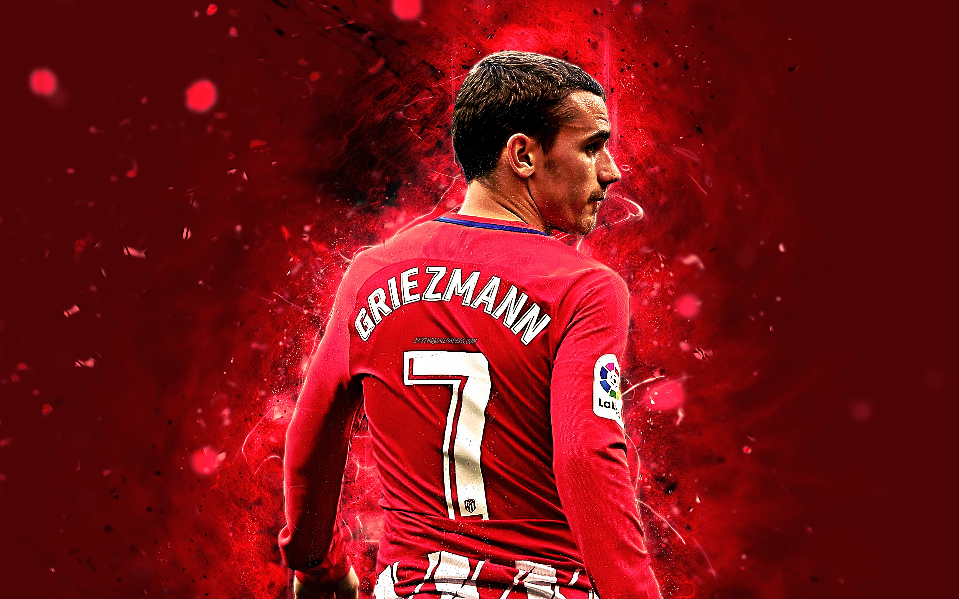 Download wallpaper 4k, Antoine Griezmann, back view, french footballer, Atletico Madrid, La Liga, Griezmann, footballers, neon lights, football stars, soccer, Atletico Madrid FC, LaLiga for desktop with resolution 3840x2400. High Quality HD