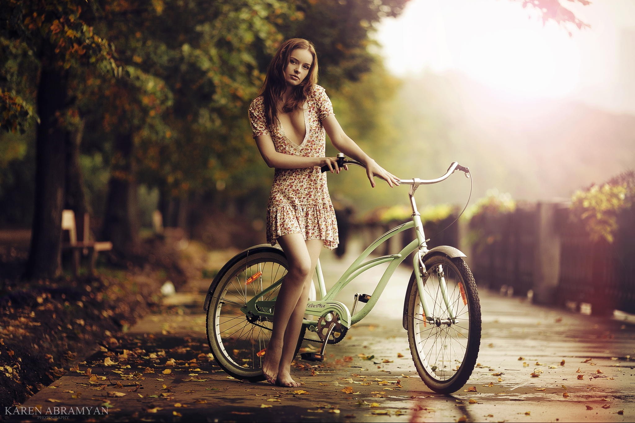 Wallpaper, fall, leaves, women outdoors, bicycle, vehicle, photography, dress, morning, emotion, cycling, Karen Abramyan, autumn, season, photograph, photo shoot, sports equipment, mountain bike 2048x1365