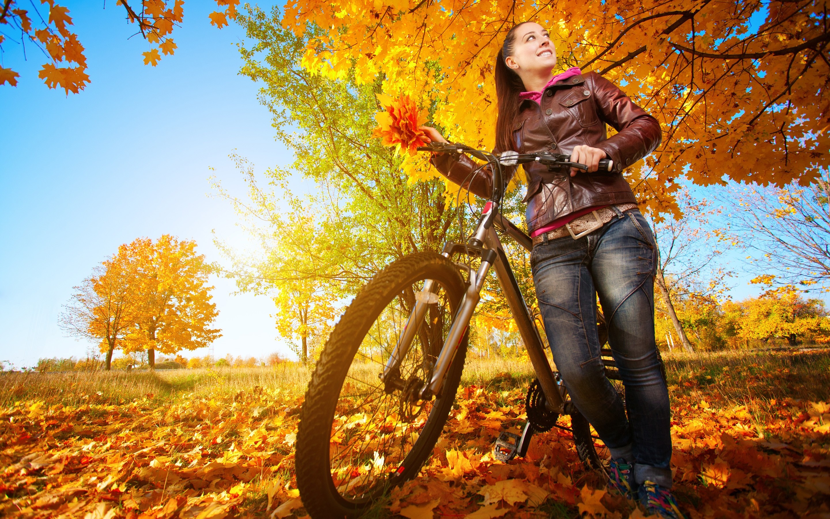 trees, women, model, nature, bicycle, vehicle, tree, autumn, leaf, season, mountain bike, mountain biking Gallery HD Wallpaper