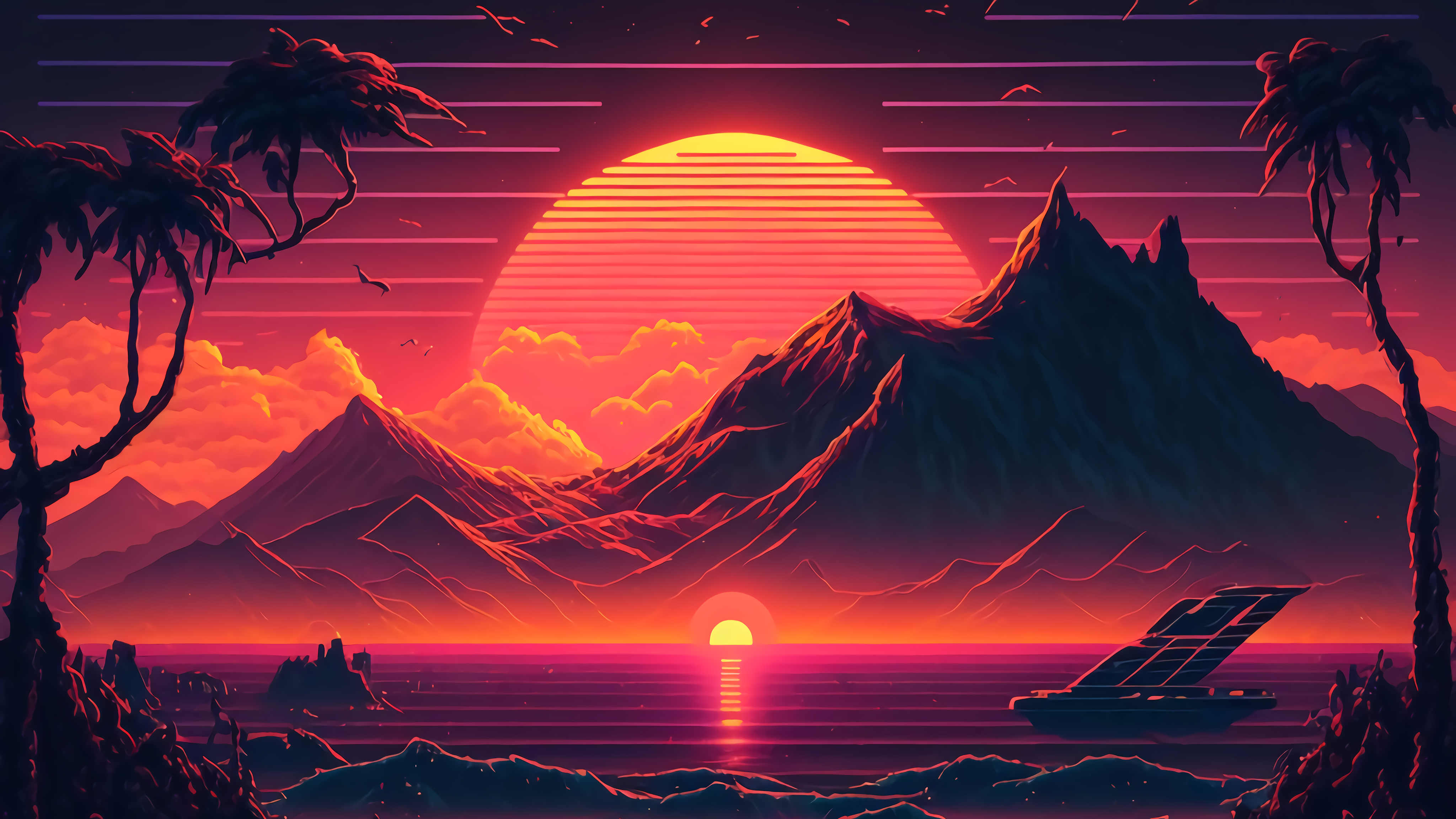 SYNTHWAVE SUNSET AI ART WALLPAPER 4K
