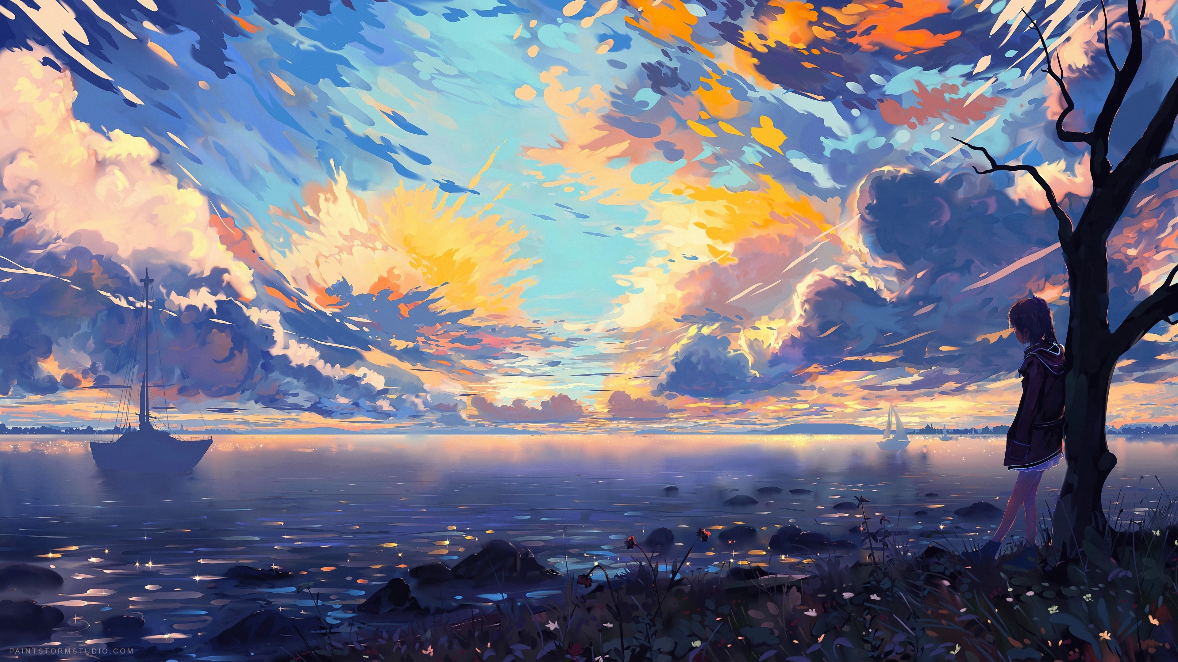 Wallpaper / art, 4K, anime landscape, painting, anime art, ship, painting art, sea, watercolor paint free download