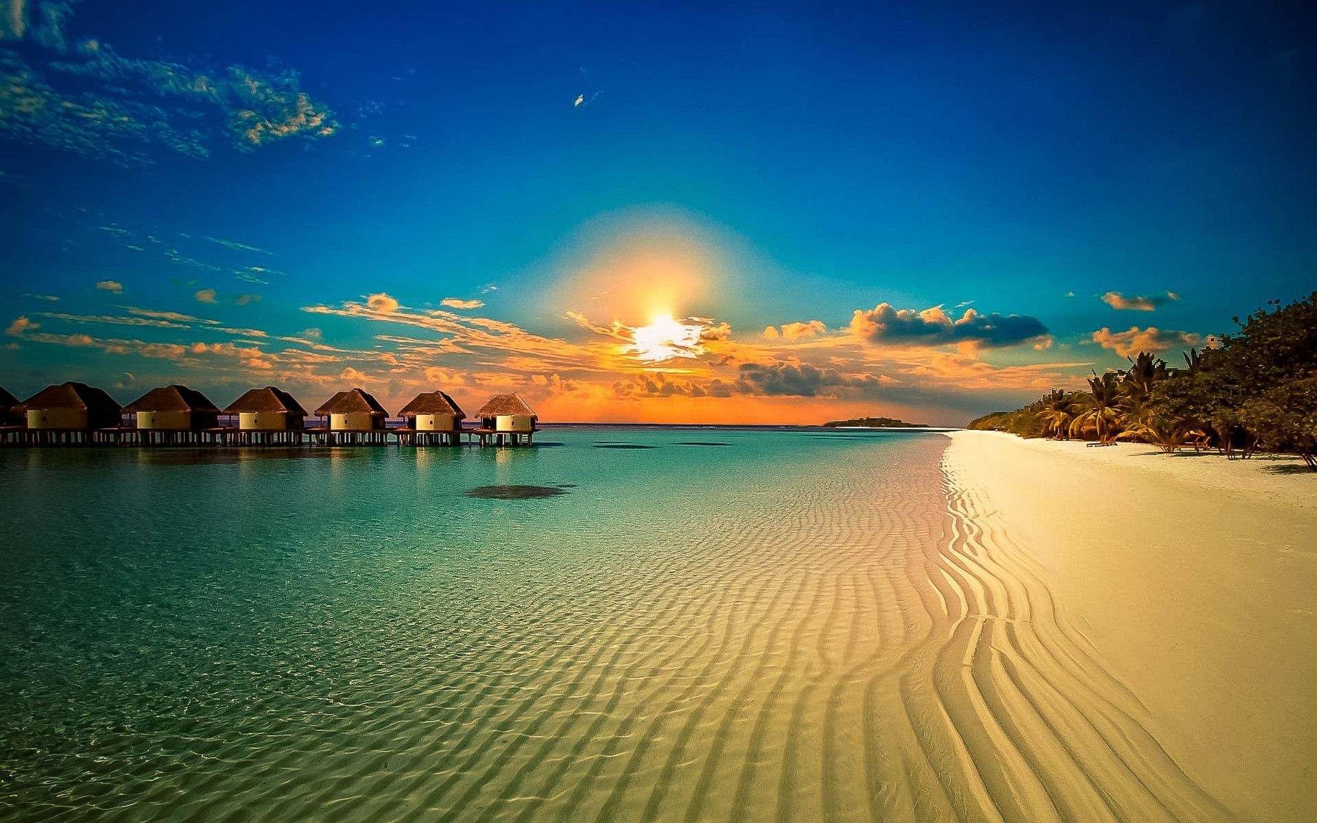 landscape nature beach resort palm trees sunset clouds tropical sea sand island calm water summer bungalow Gallery HD Wallpaper