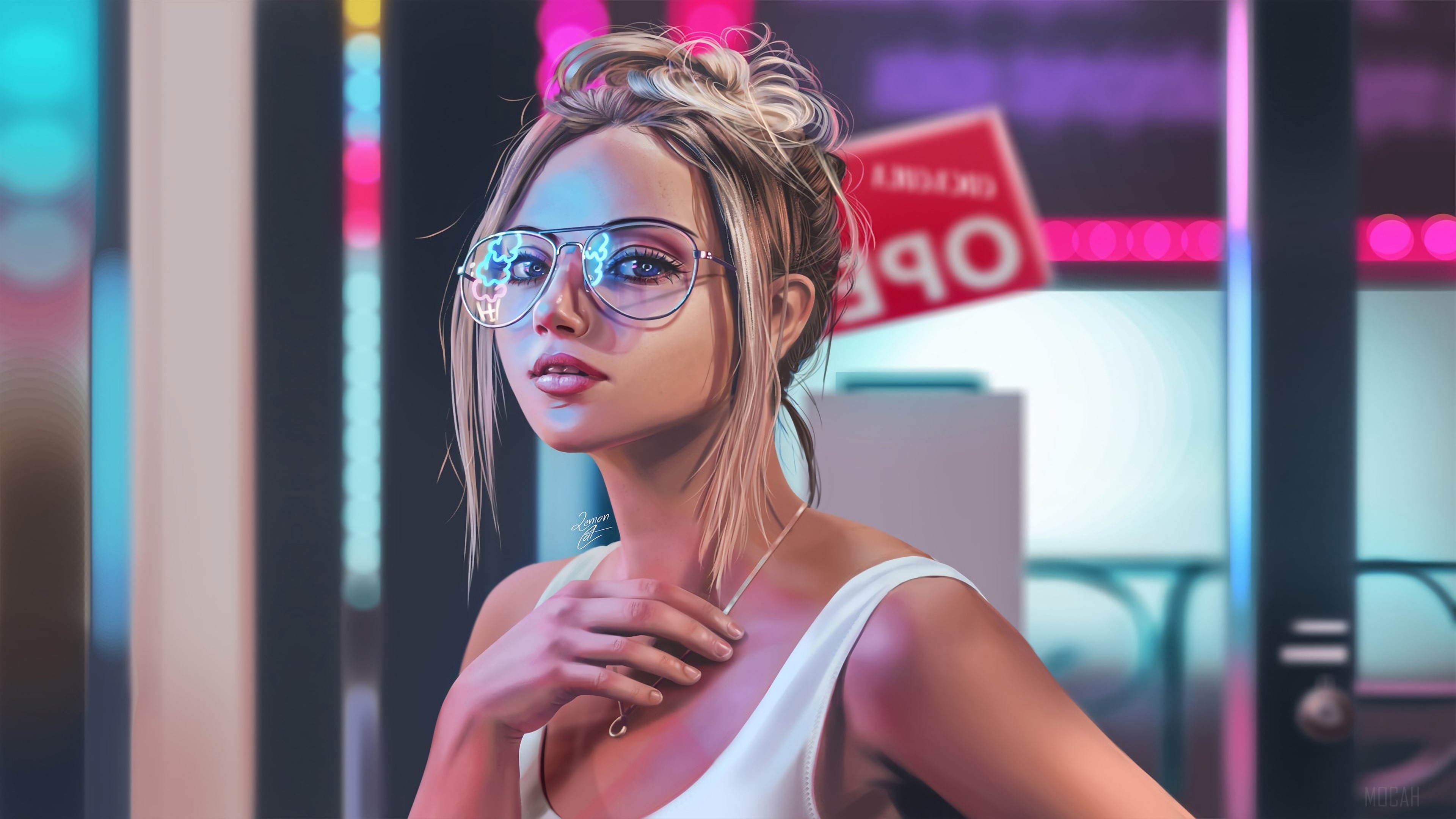Blonde Girl Neon Digital 4k Gallery HD Wallpaper