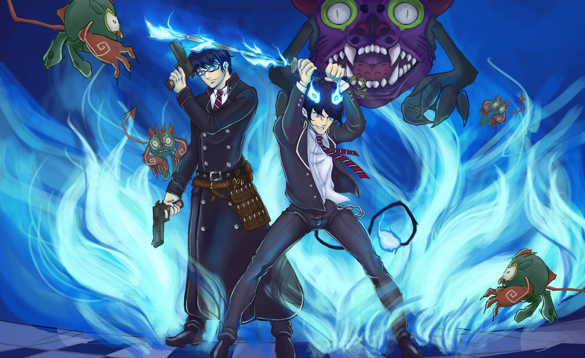 Download Epic battle scene between Rin and Demons in Blue Exorcist Wallpaper