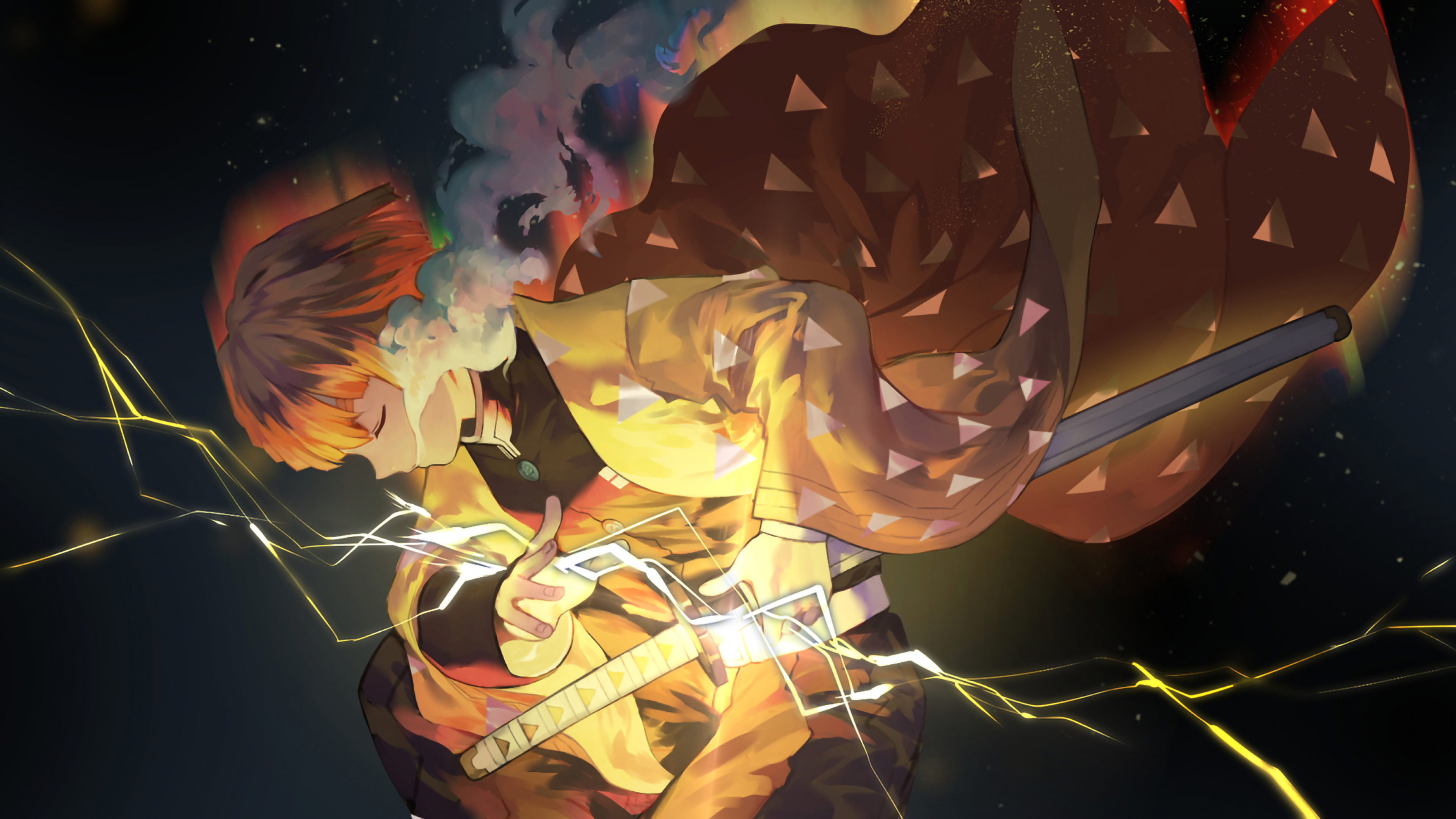 Wallpaper Zenitsu Agatsuma, Tanjiro Kamado, Demon Slayer Kimetsu no Yaiba, Plant, Art, Background Free Image