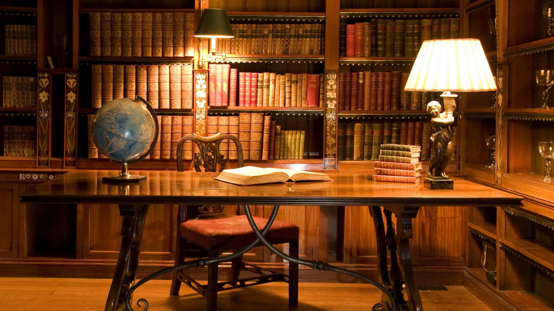 Download Wallpaper 1920x1080 cabinet, table, book, globe, lamp, books, library Full HD 1080p HD Background