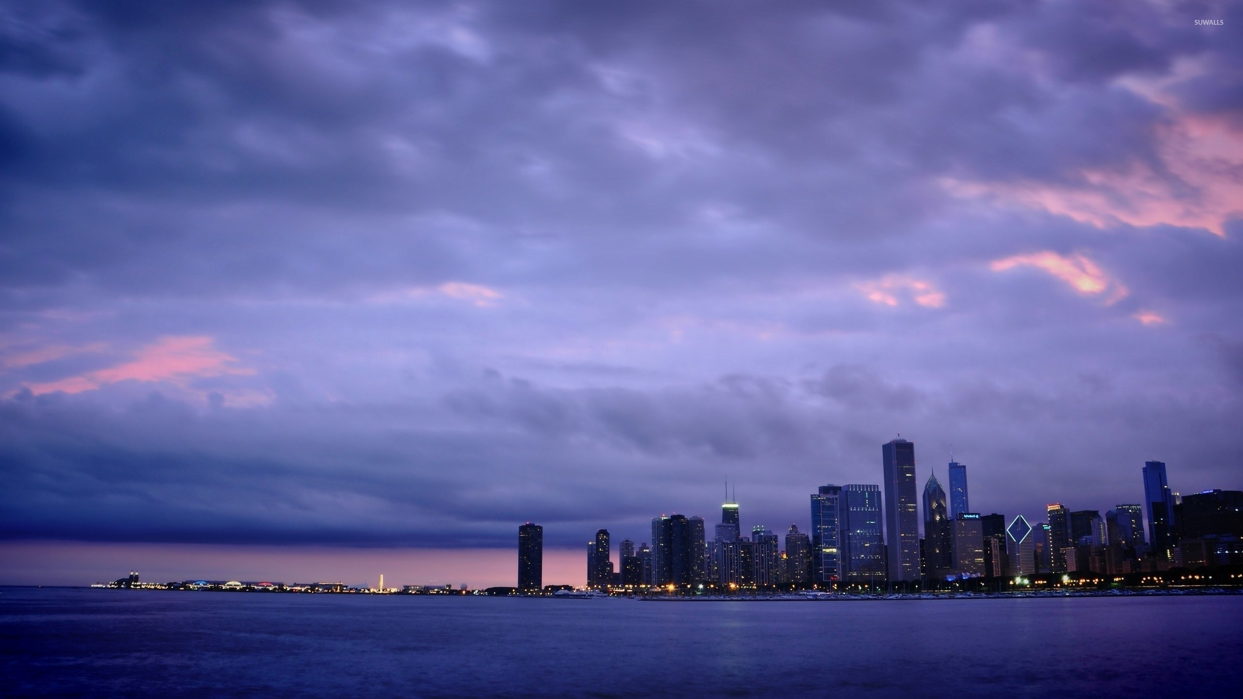Purple clouded sunset over Chicago wallpaper wallpaper