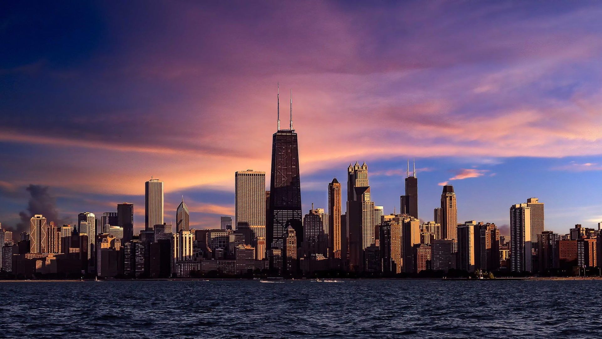 Chicago, Illinois, city, river, skyscrapers, evening, purple sky, sunset # Chicago #Illinois #City #River #Skyscraper. Purple sky, City wallpaper, Sunset wallpaper