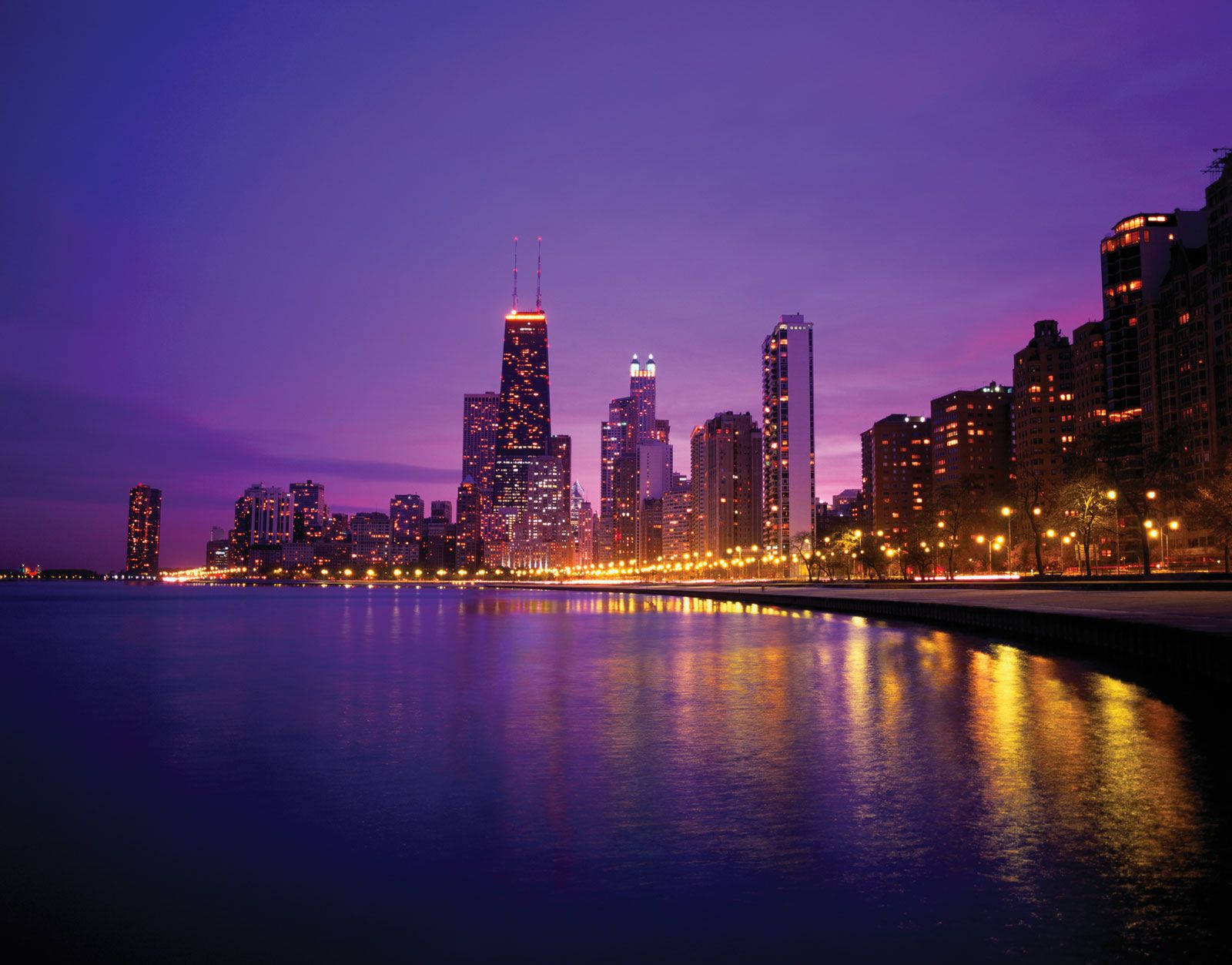 Download Purple Evening Scene In Downtown Chicago, Illinois Wallpaper