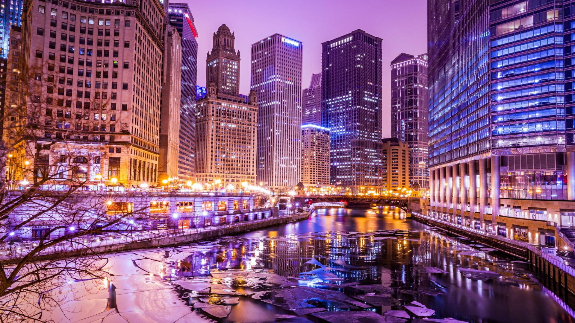 Wallpaper / residential district, chicago riverwalk, river, built structure, architecture, skyscraper, chicago, winter, evening, city lights, dusk, cold temperature free download
