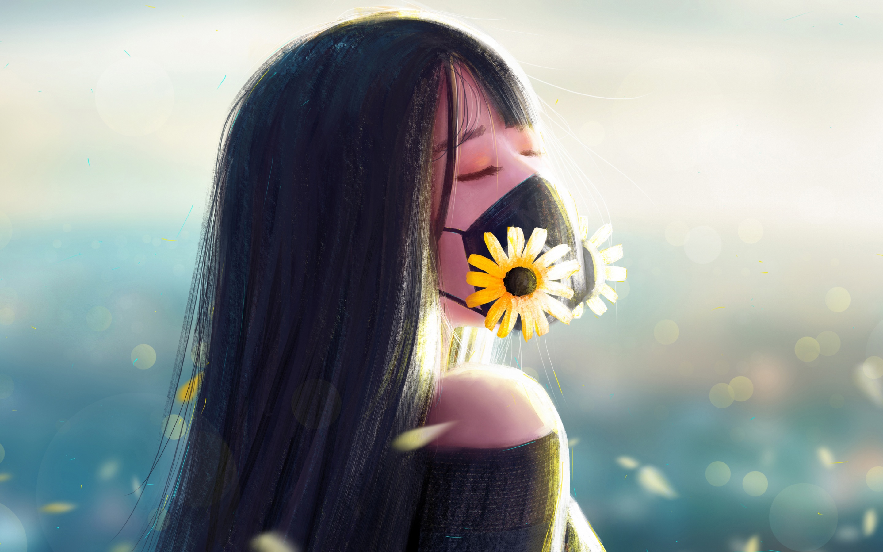 Girl Wallpaper 4K, Mask, Flowers, Mood