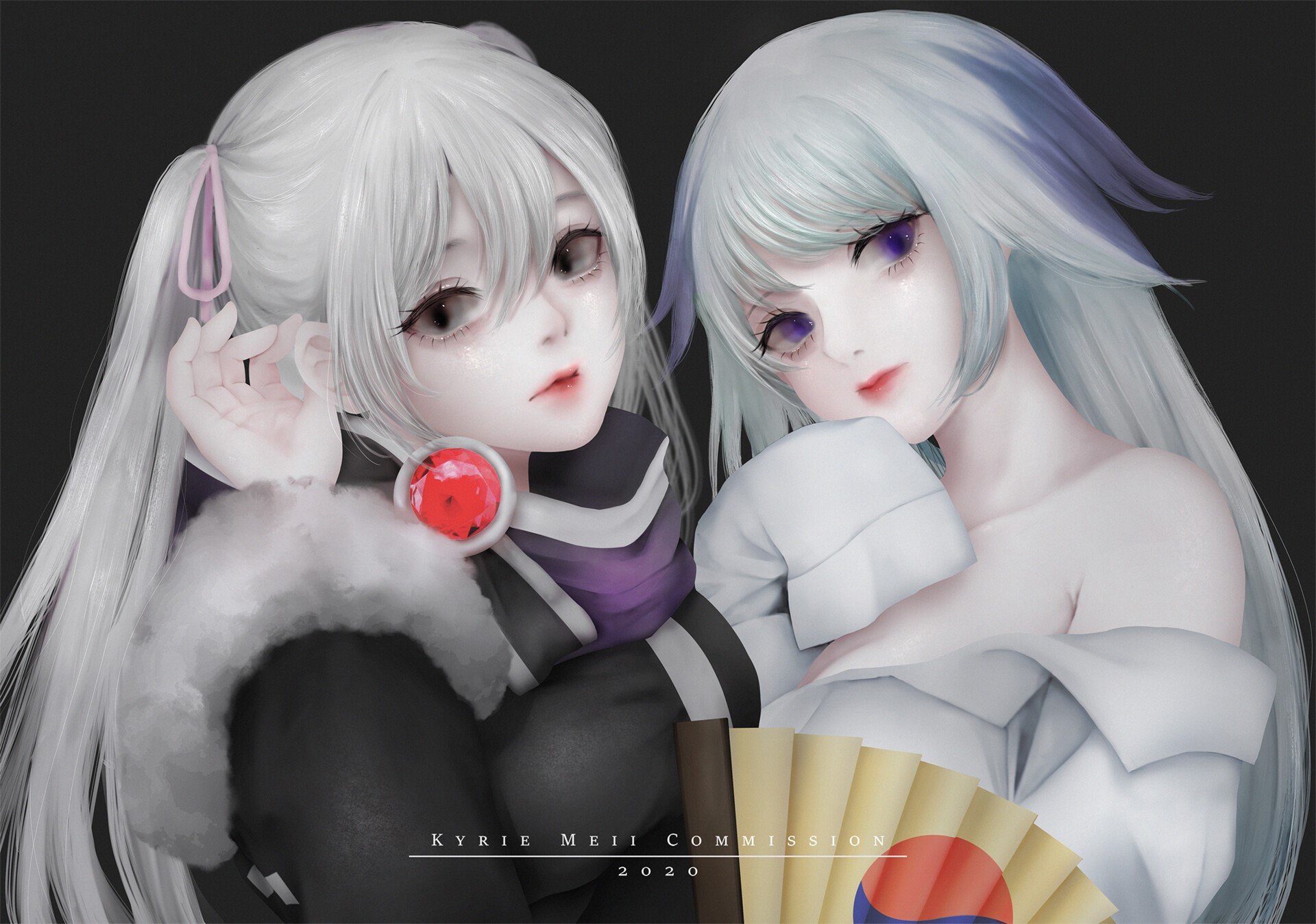 anime girls, black eyes, long sleeves, cold, white clothing, white hair, anime, black clothing, Kyrie Meii, purple eyes, Black clothes Gallery HD Wallpaper