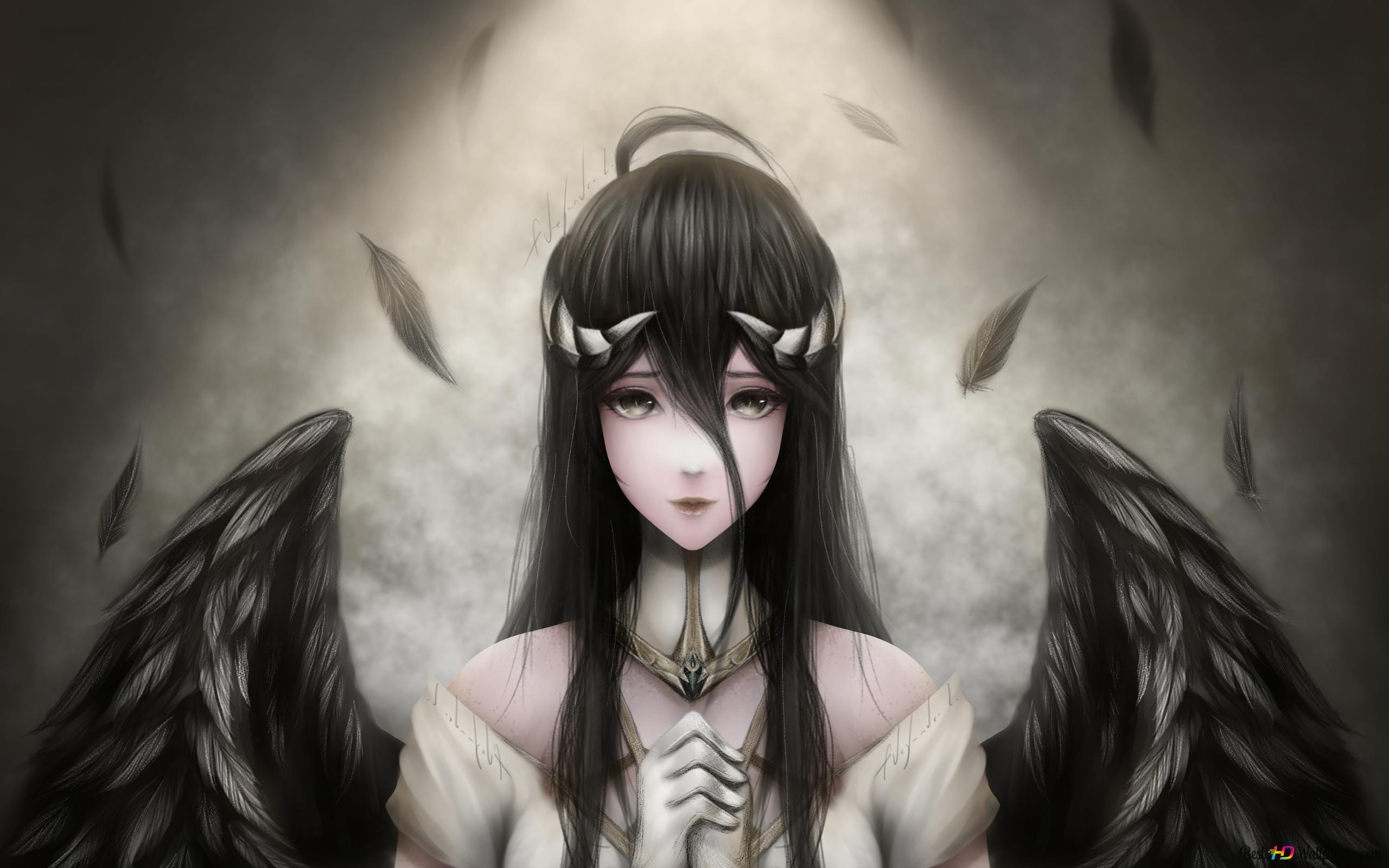 Stare of beautiful anime girl with black hair and black eyes with black angel wings 2K wallpaper download