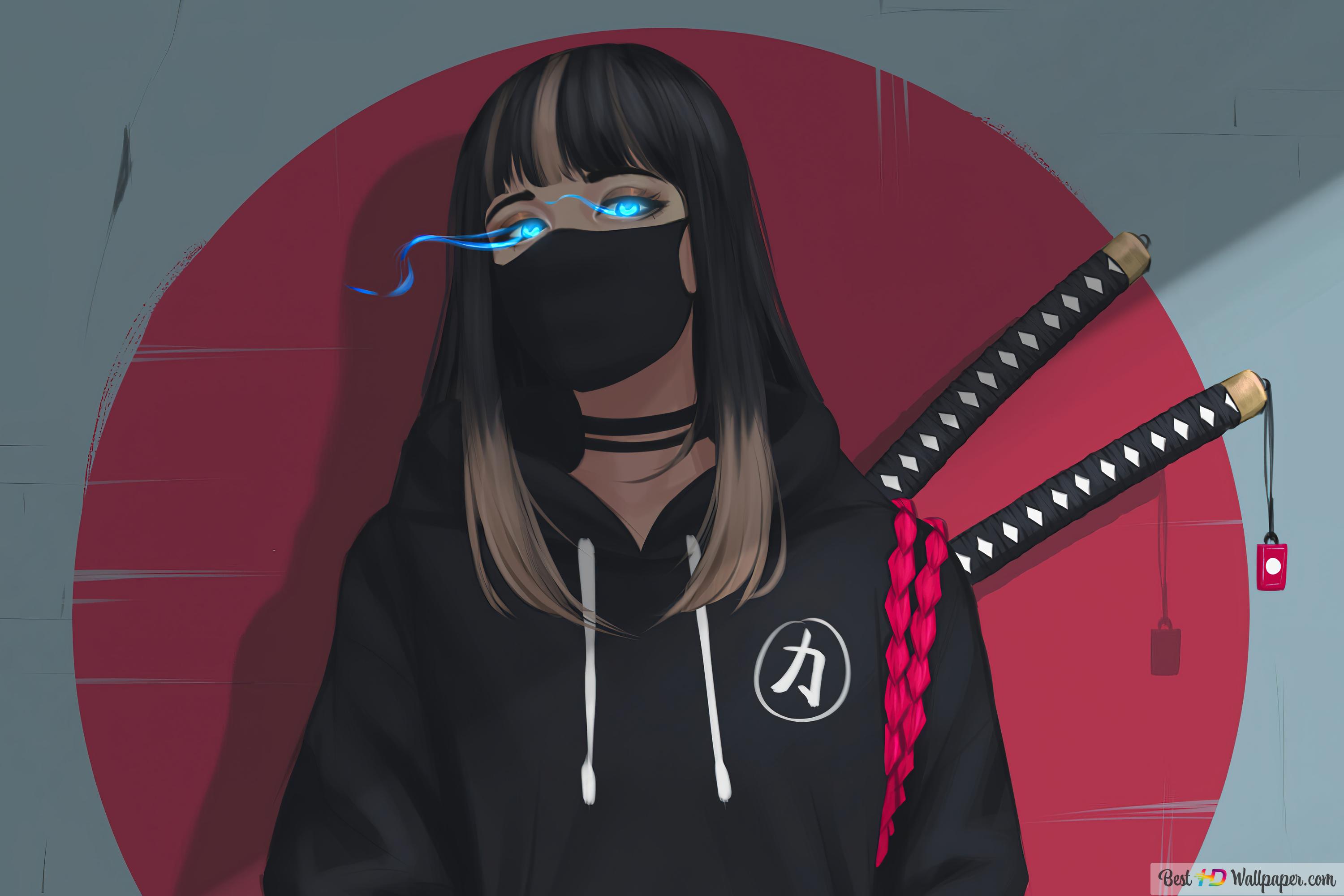 Anime Girl Mask Glowing Eyes 4K wallpaper download