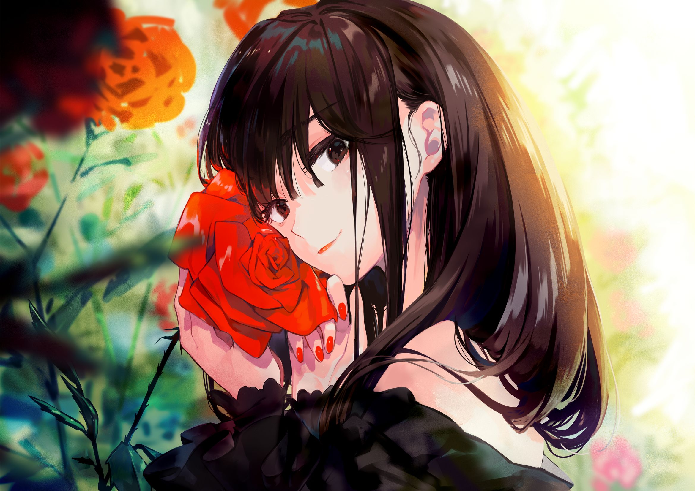 HD desktop wallpaper: Anime, Flower, Rose, Girl, Black Hair, Black Eyes download free picture