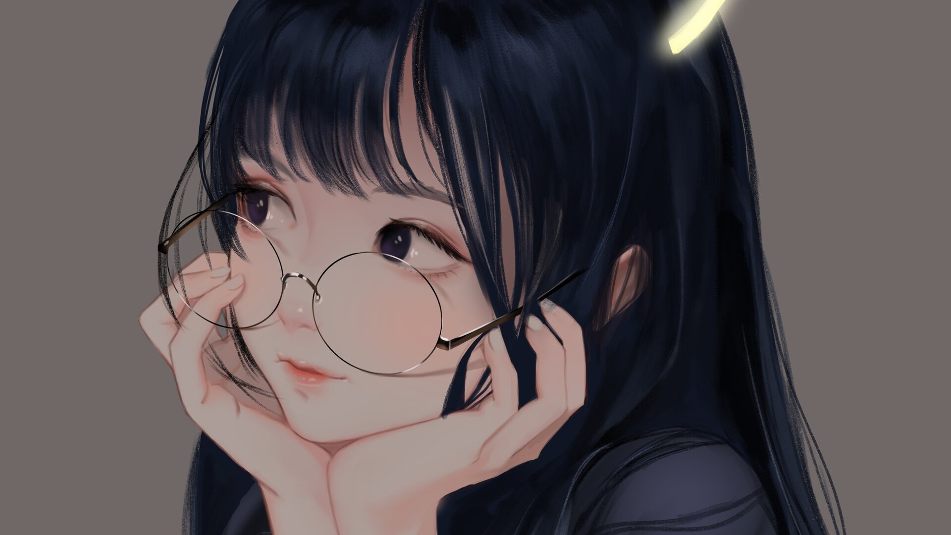 Wallpaper, anime girls, glasses, black hair, long hair, black eyes, gray background, purple eyes 1920x1080