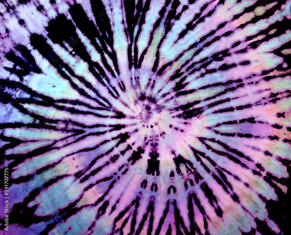 Spiral Tie Dye Pattern. Hippie Tie Dye Wallpaper. Tiedye Background In Rainbow Pastel Violet, Purple, Pink