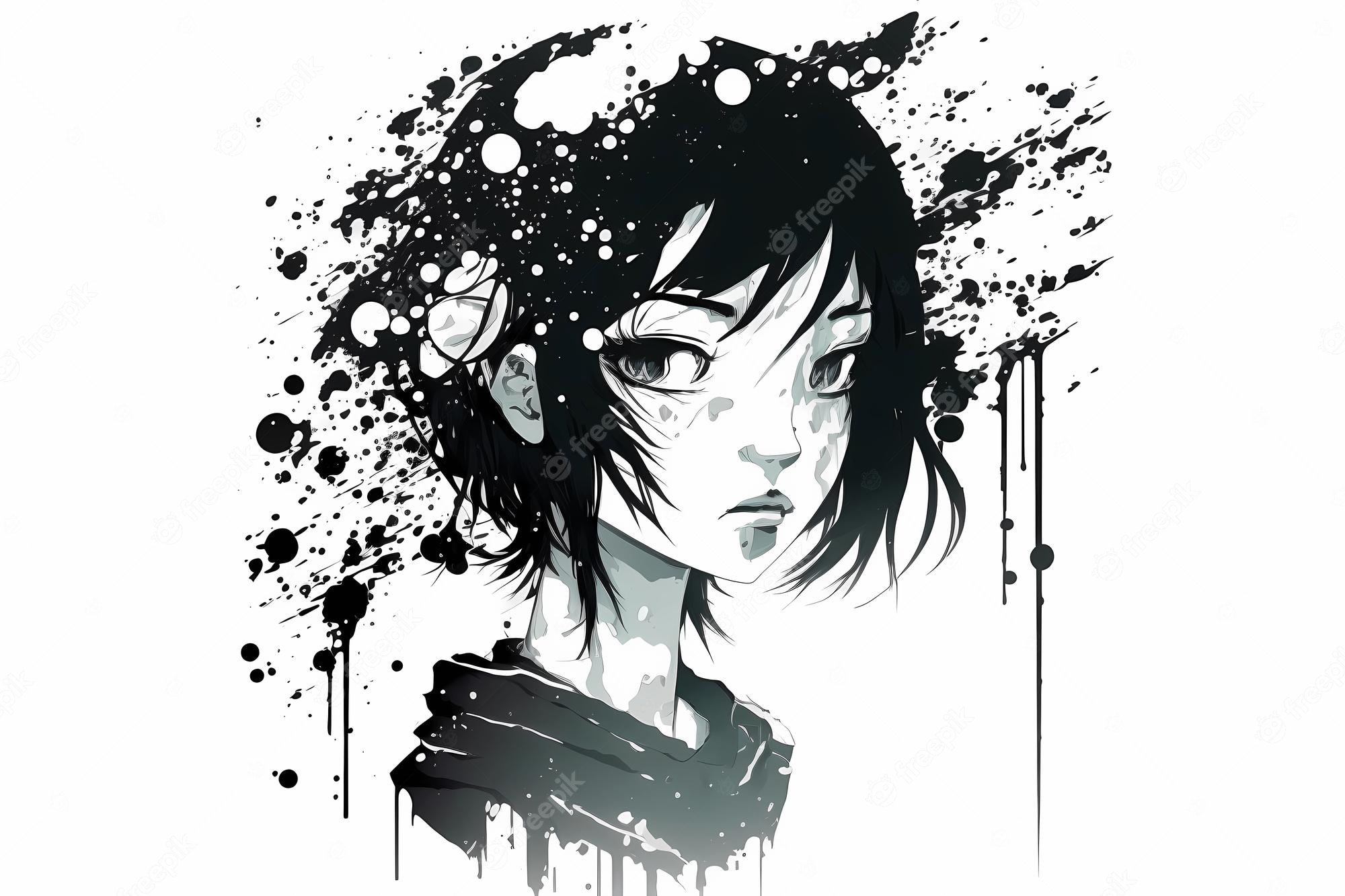 Premium Photo. Portret sad anime girl icon portrait black and white lines isolated on white background ai generation