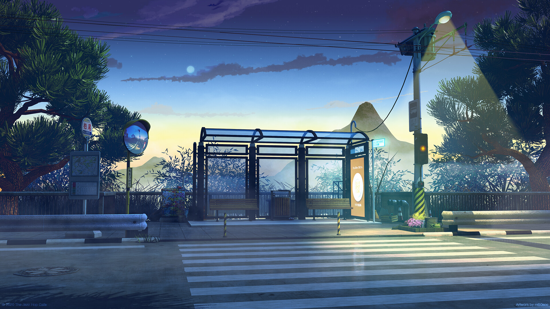 Digital Art Artwork Bus Stop Street Japan City LoFi Sunset Wallpaper:1920x1080