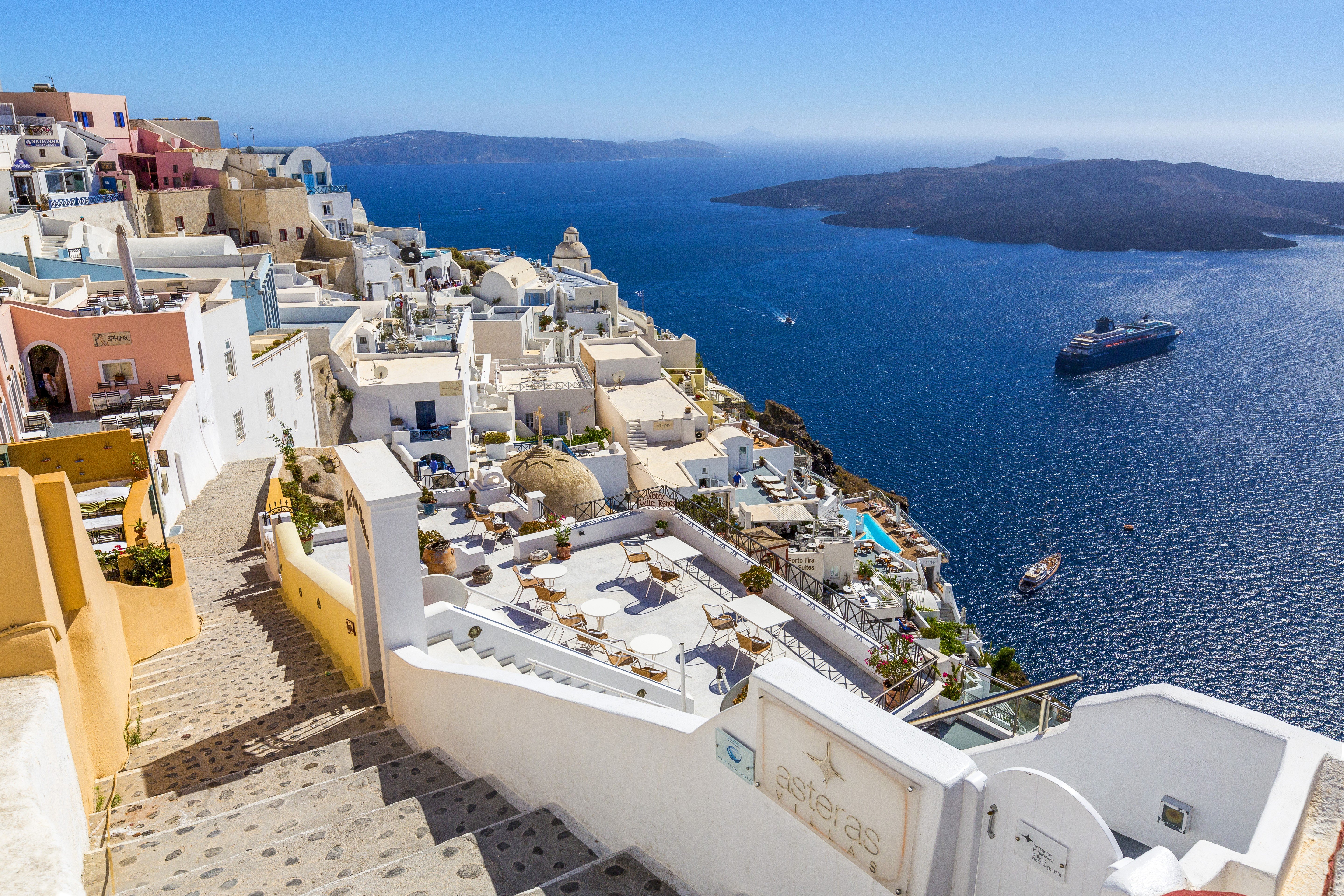 4K, 5K, Greece, Coast, Houses, Ships, Sea, Santorini, Stairs Gallery HD Wallpaper