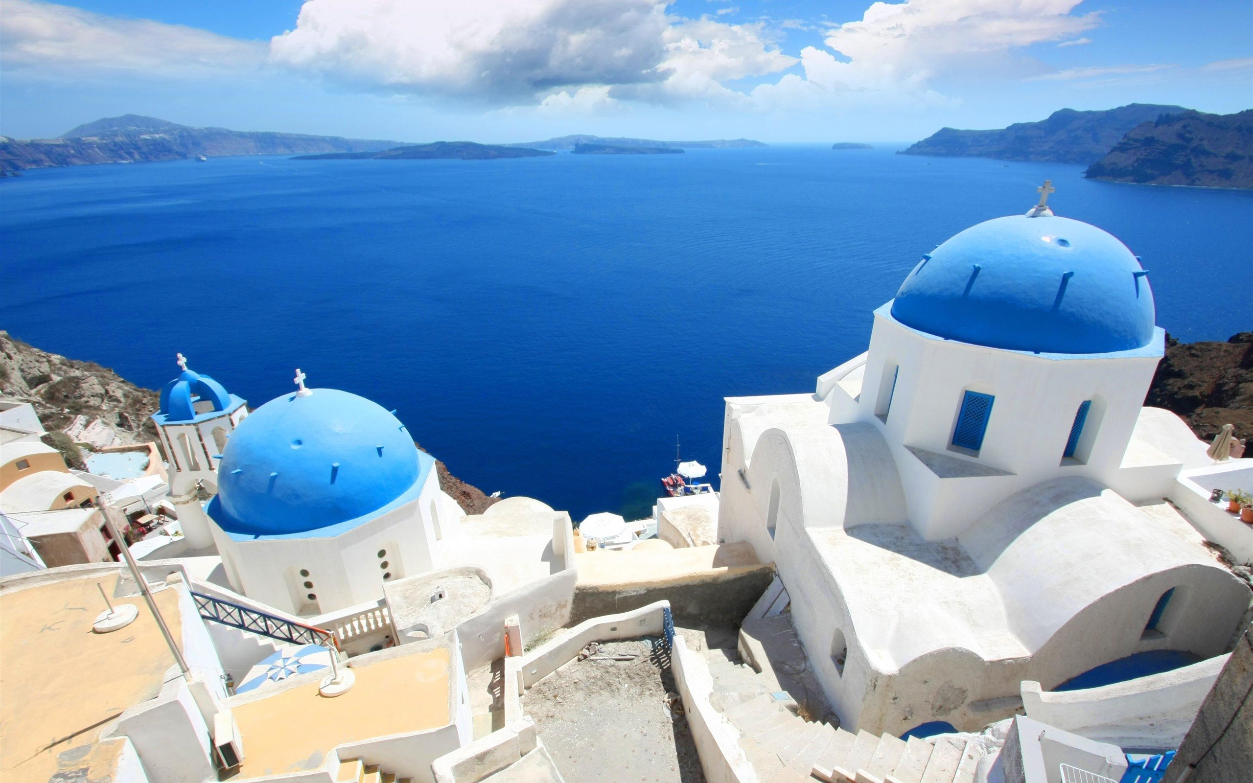 Wallpaper Greece, Santorini, houses, top view, blue sea 3840x2160 UHD 4K Picture, Image