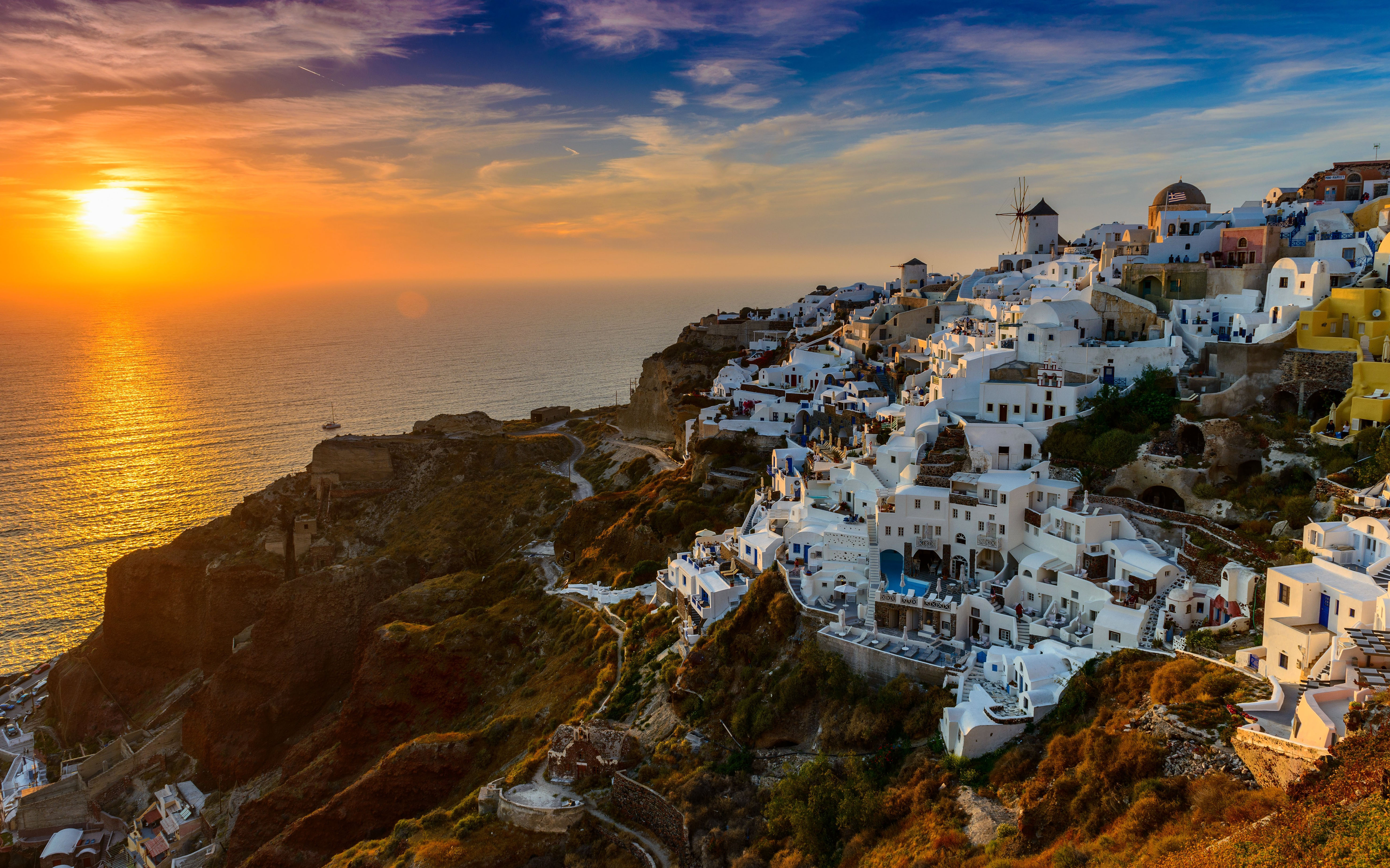 Mountain, Horizon, Ocean, Santorini, Town, Sea, Greece wallpaper