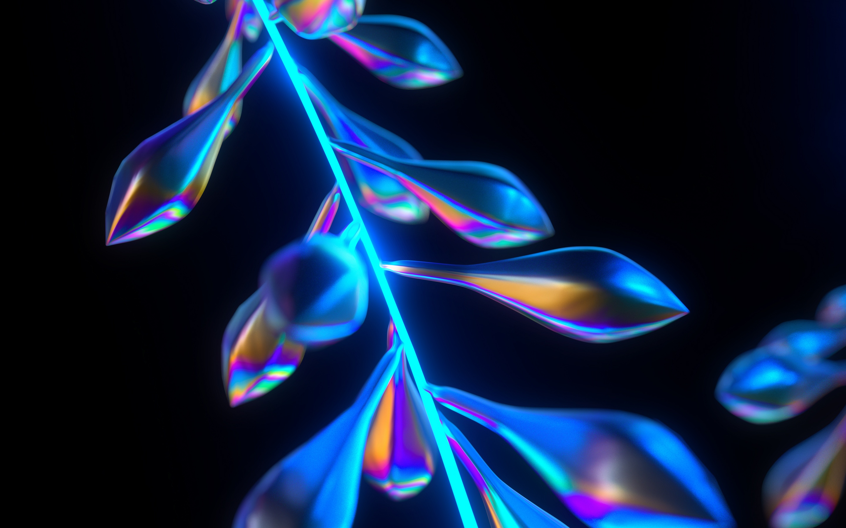 3D Wallpaper 4K, Neon, Leaves, CGI