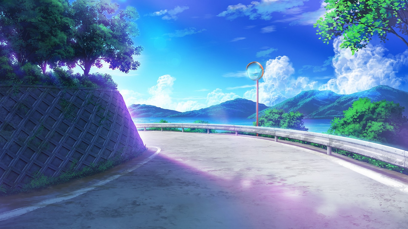 Wallpaper / anime, 2D, artwork, digital art, moescape, clouds, trees, sky, mountains, mirror, Nobody, summer, colorful free download