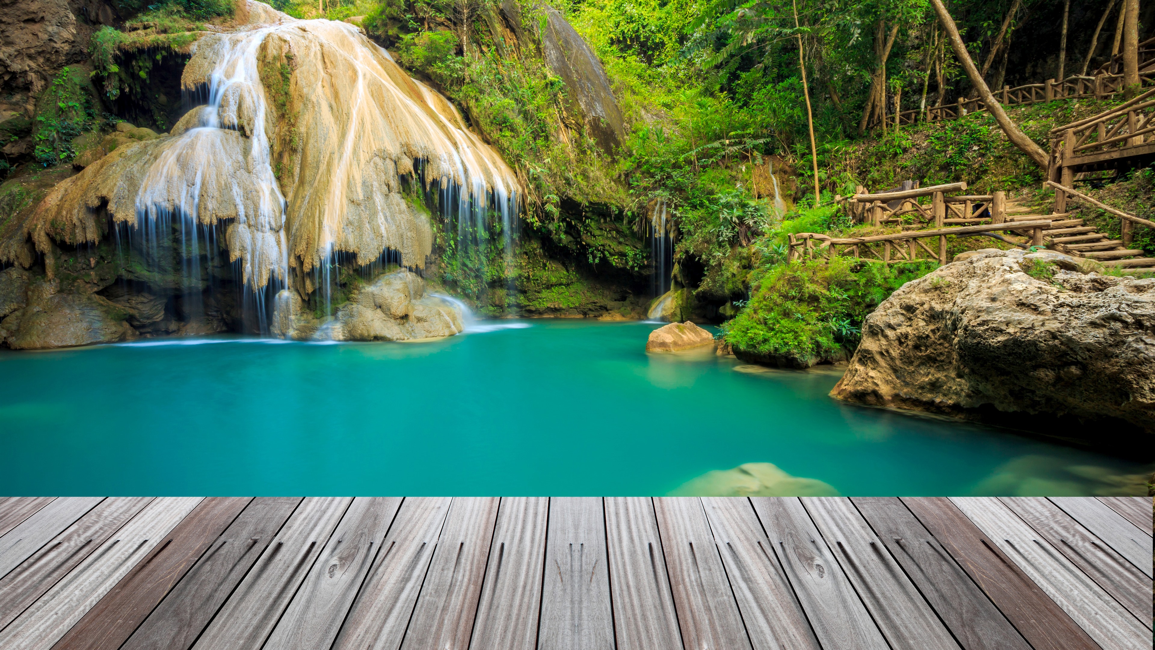 Wallpaper Thailand, ladder, waterfall, trees, bridges, pond 3840x2160 UHD 4K Picture, Image