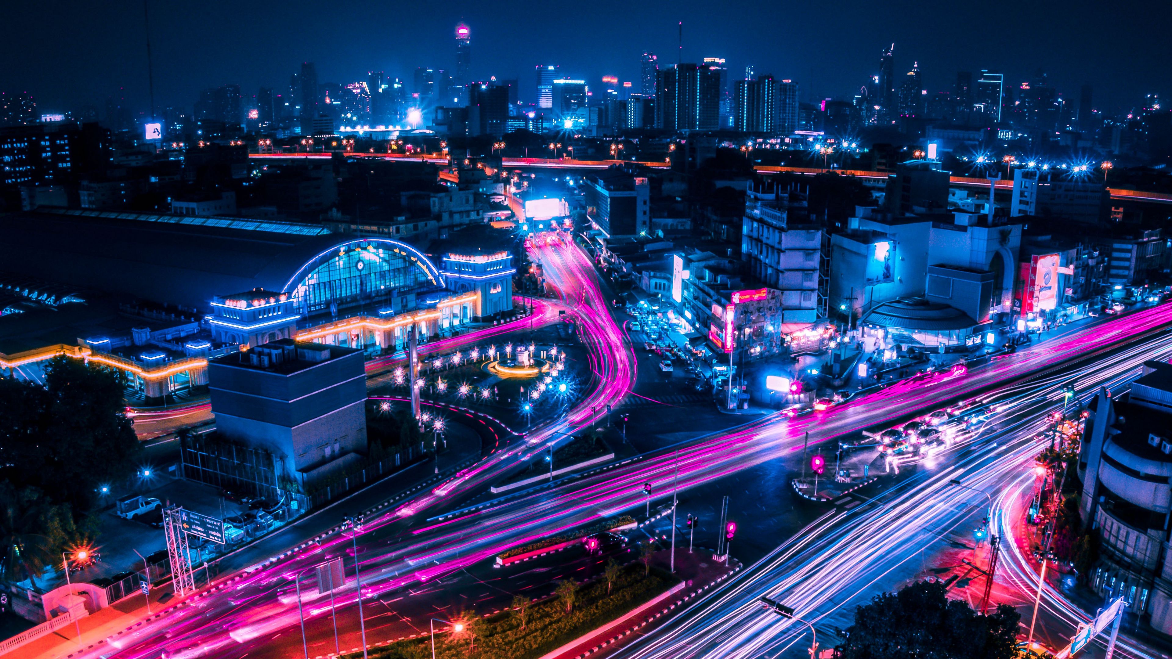 Download wallpaper 3840x2160 night city, city lights, architecture, bangkok, thailand 4k uhd 16:9 HD background