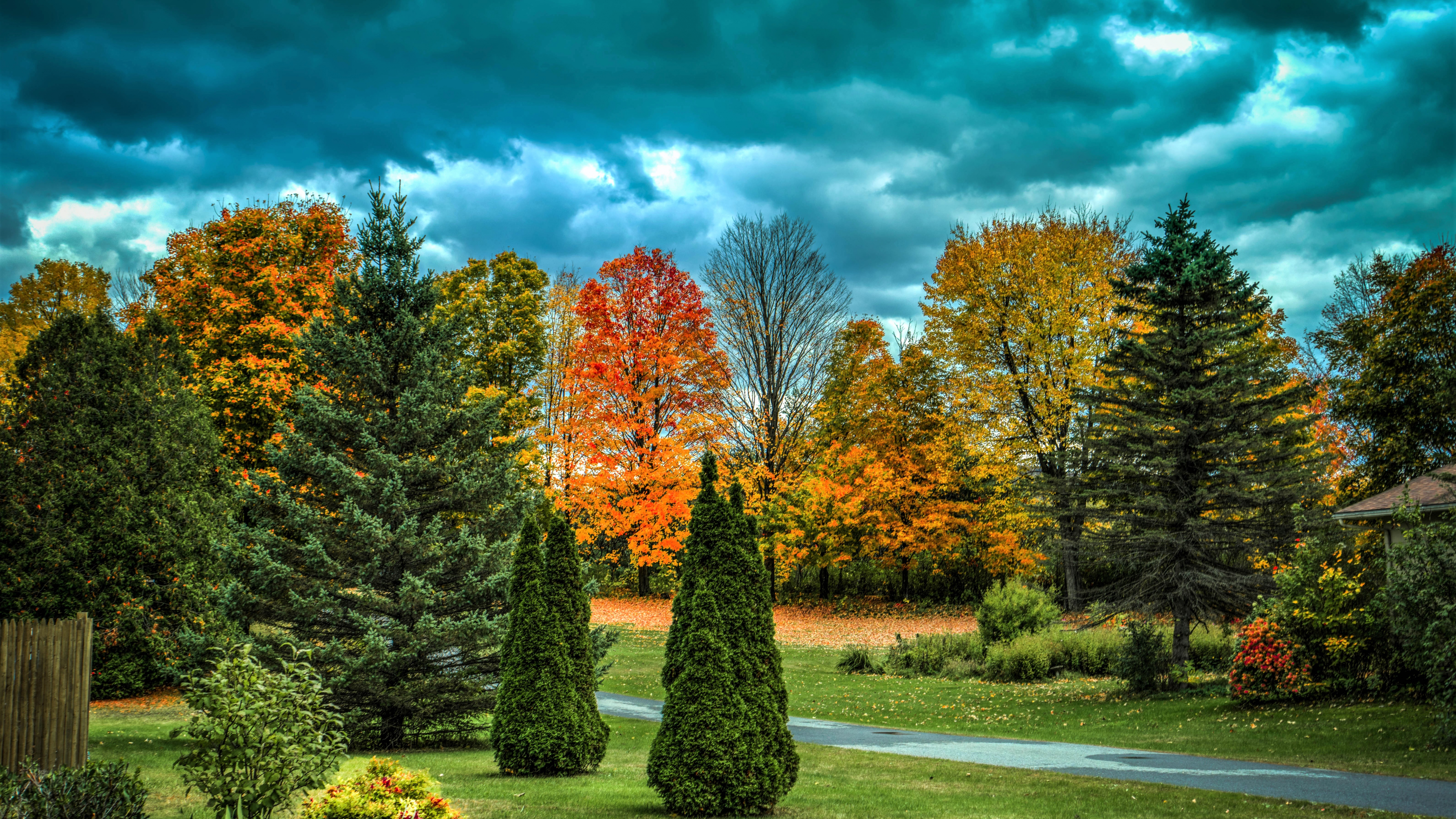 Download wallpaper 5120x2880 autumn, garden, trees 5k wallpaper, 5120x2880 5k background, 934