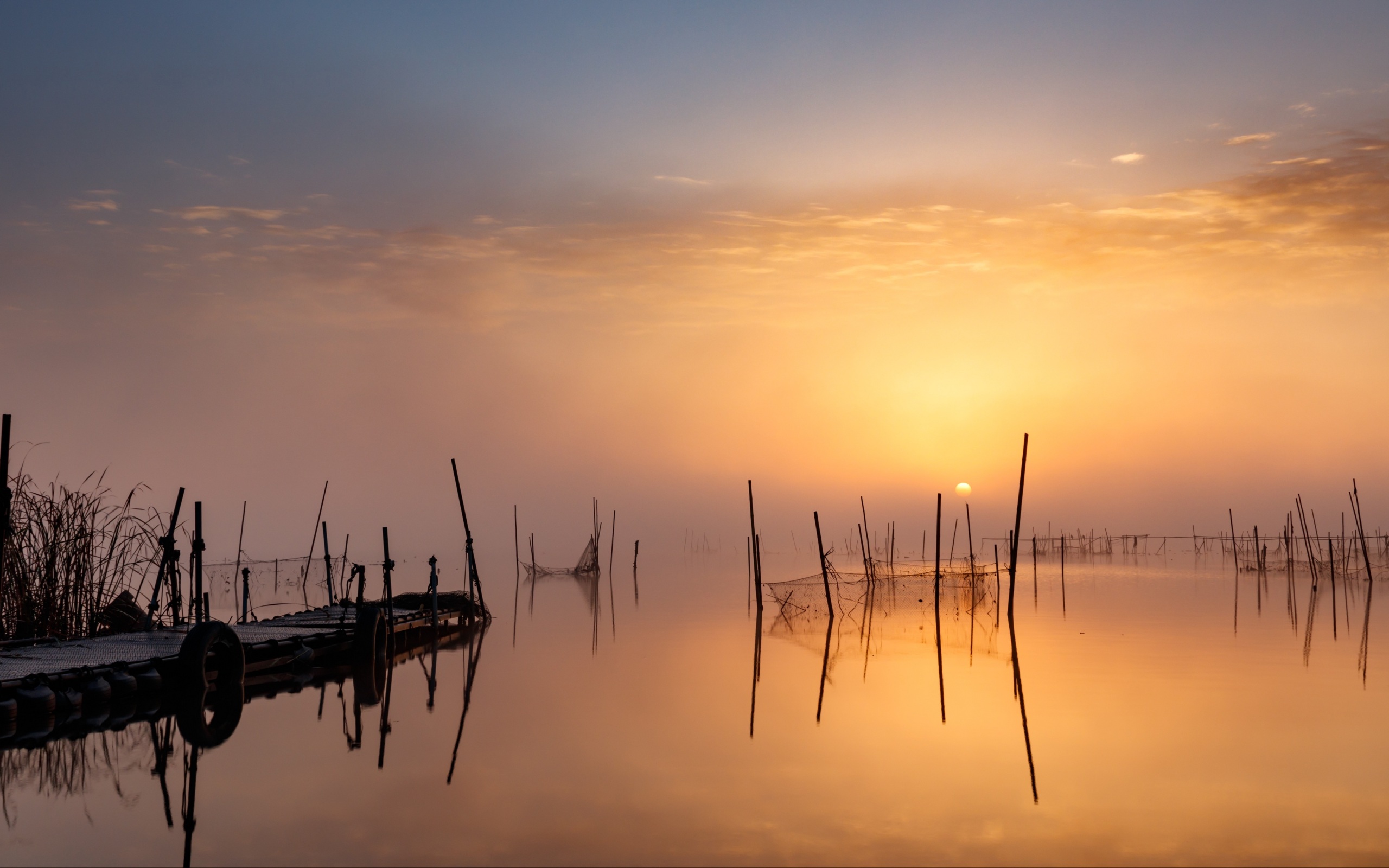 Wallpaper 4k pier, sunset, lake, fishing nets 4k Wallpaper
