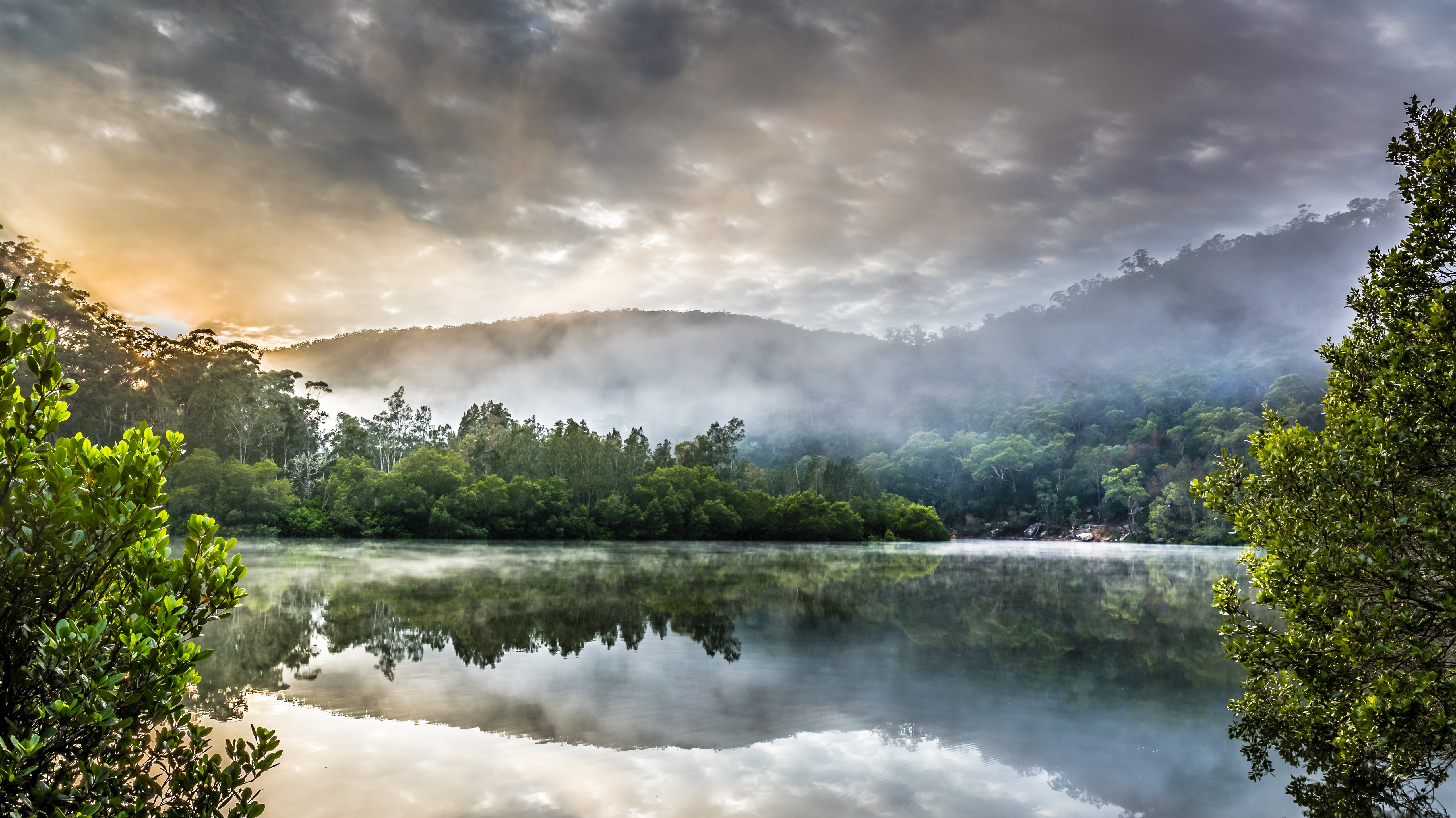 Wallpaper, sunlight, trees, landscape, forest, lake, nature, reflection, morning, mist, river, wilderness, Australia, Berowra Creek, cloud, autumn, fog, weather, atmospheric phenomenon, computer wallpaper, body of water, meteorological phenomenon