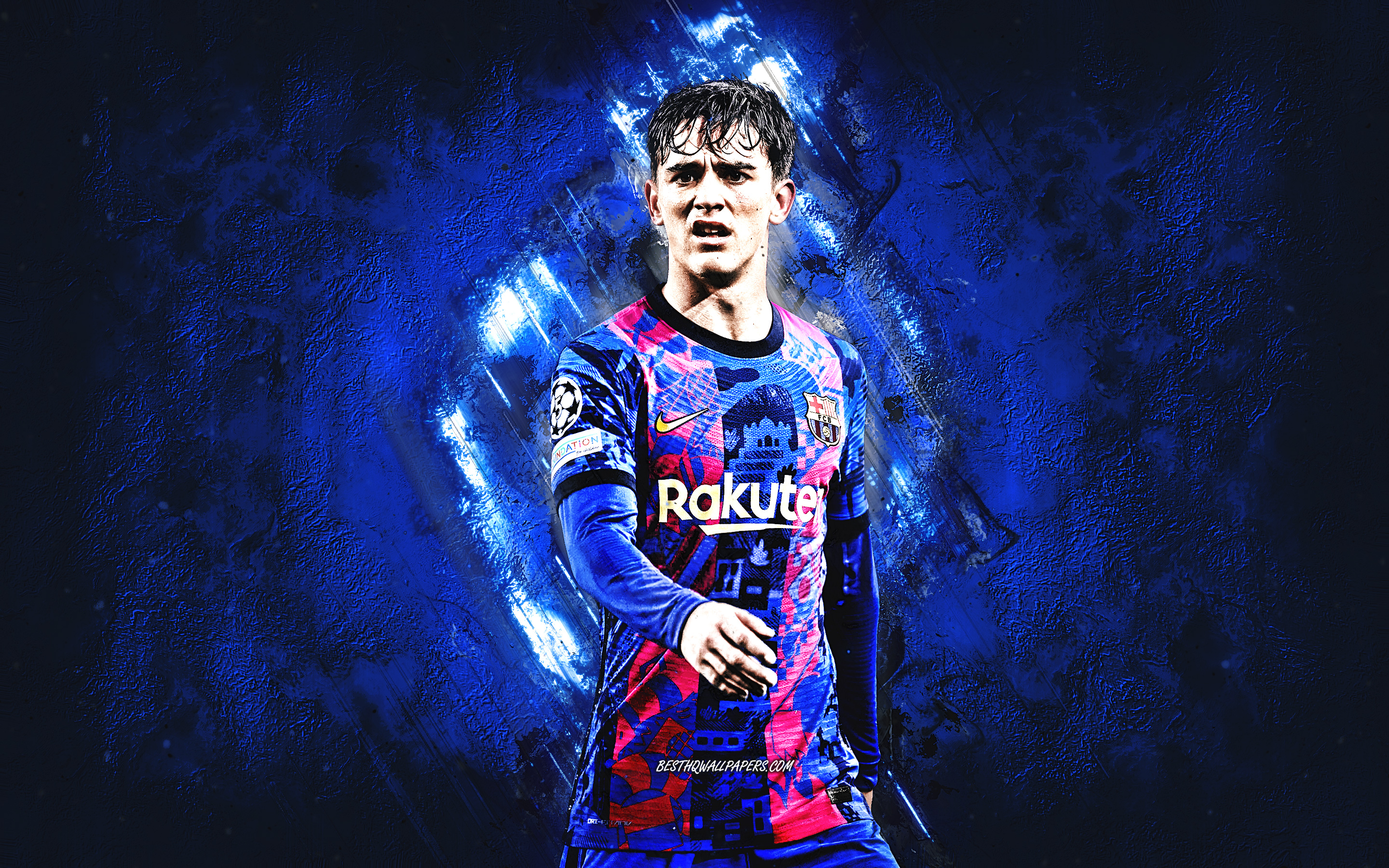 Download wallpaper Gavi, FC Barcelona, Spanish footballer, midfielder, portrait, blue stone background, football, La Liga, Pablo Martín Paez Gavira for desktop with resolution 2880x1800. High Quality HD picture wallpaper