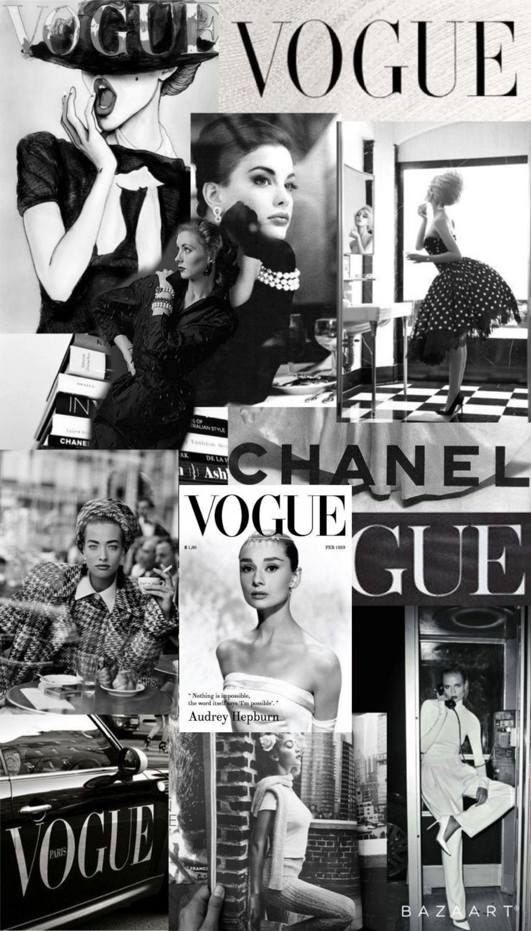 Vogue collage. Colagem de foto na parede, Papéis de parede vintage, Fotos