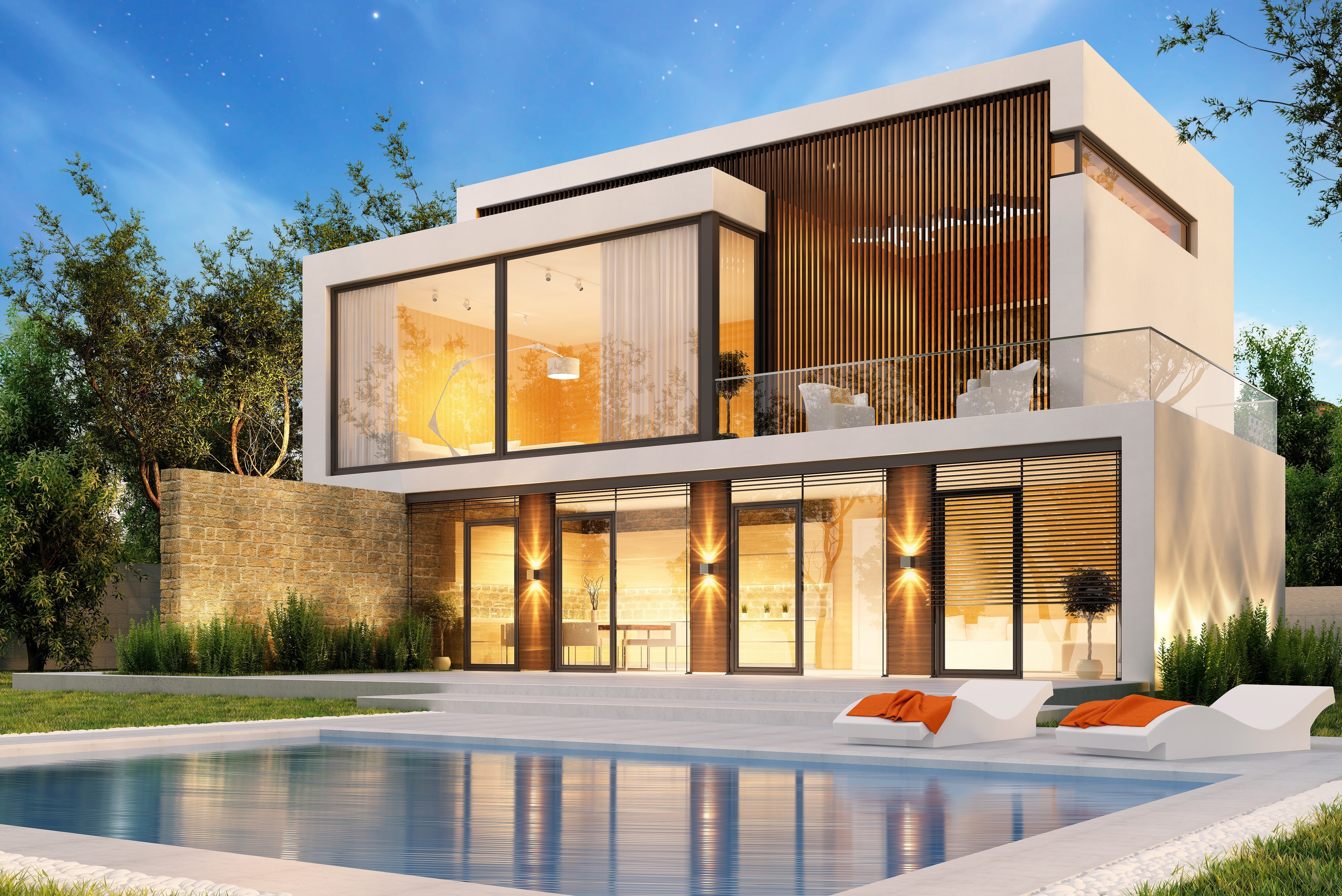 Wallpaper / trees, house, modern, design, houses, villa, 4K, luxury, pool, lawn free download