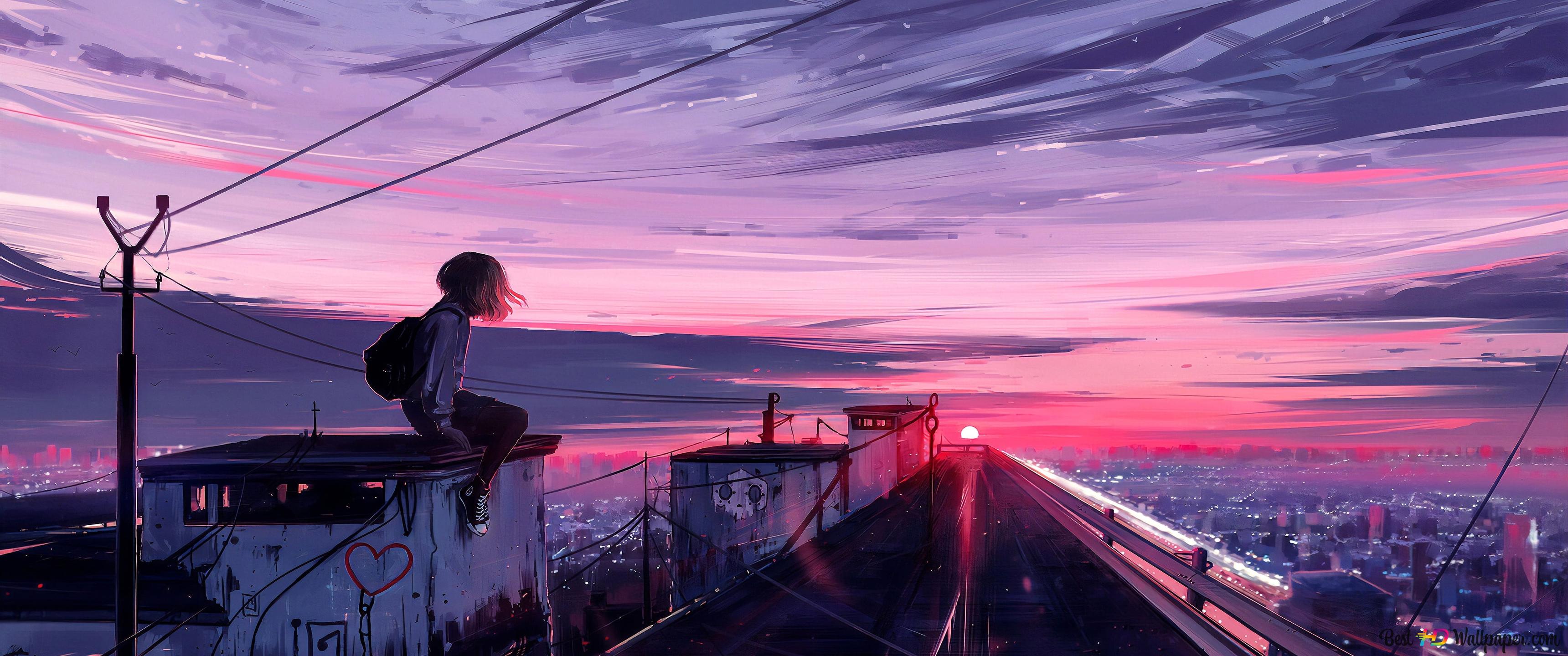 Beautiful anime girl watching beautiful view of sunset and clouds 4K wallpaper download