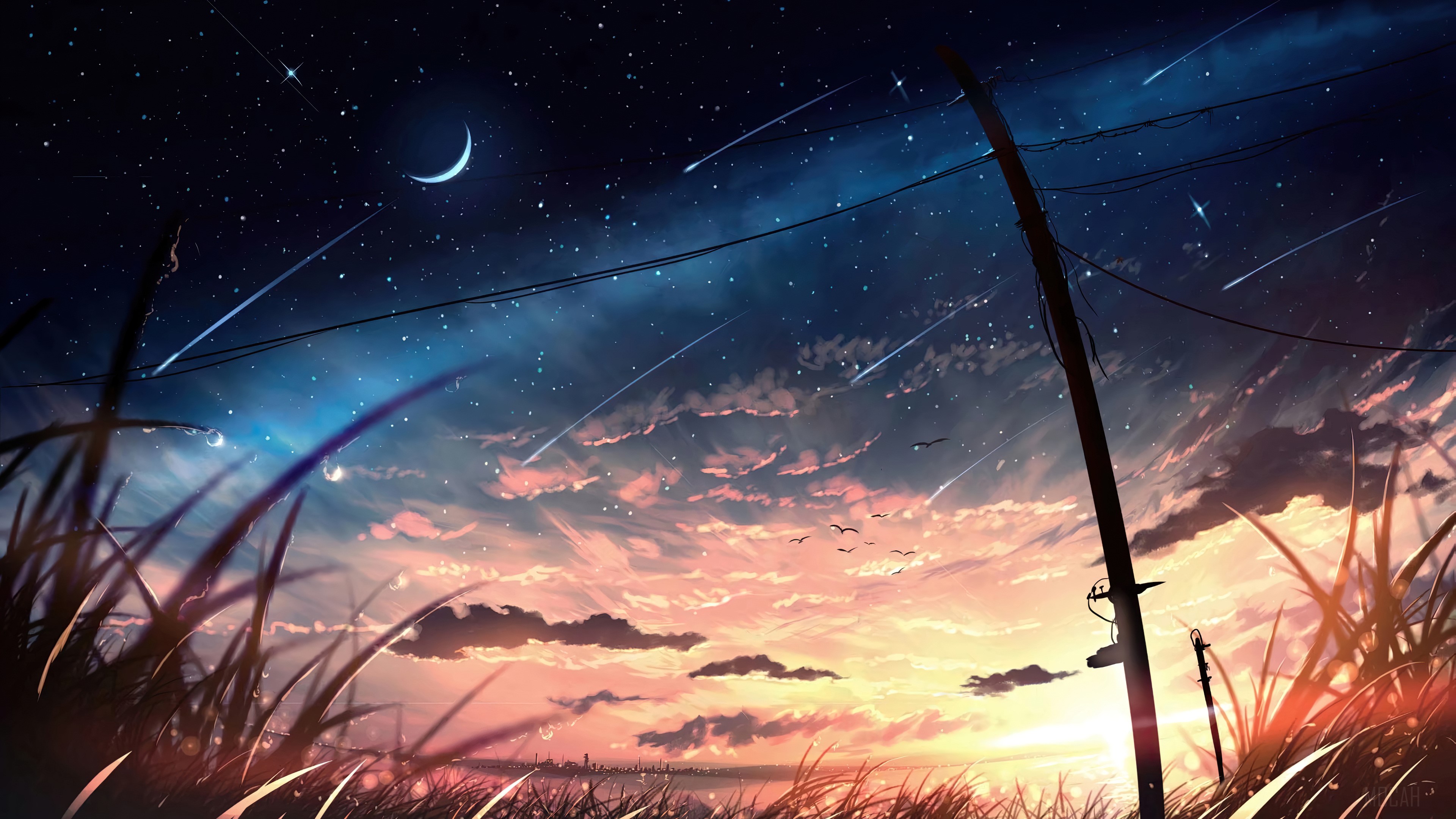 Sunset, Horizon, Scenery, Night, Sky, Anime 4k Gallery HD Wallpaper