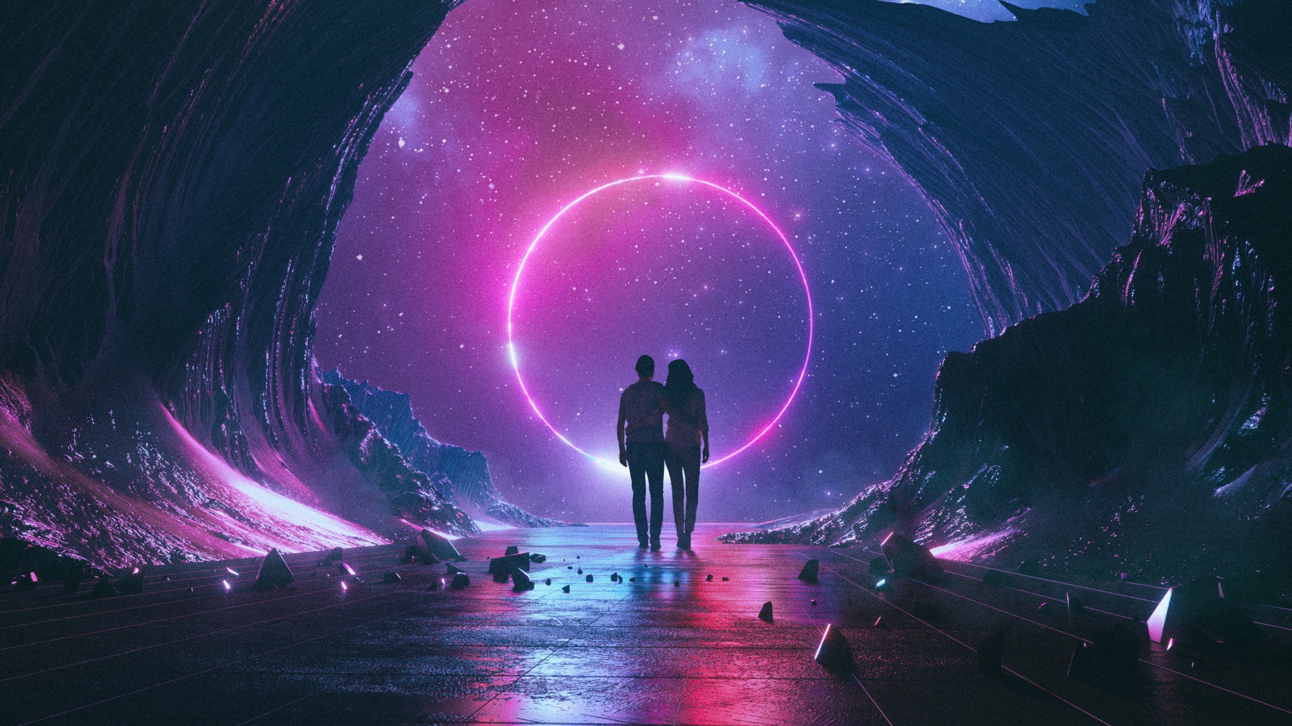Couple Wallpaper 4K, Neon, Destiny, Dream, Rocks